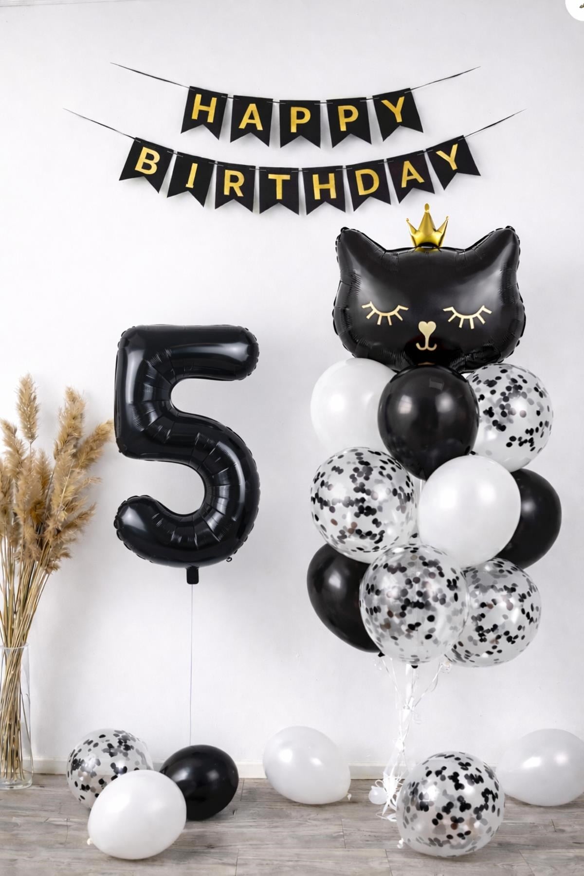5 Yaş Kedi Temalı Doğum Günü Balon Seti – Siyah Konsept