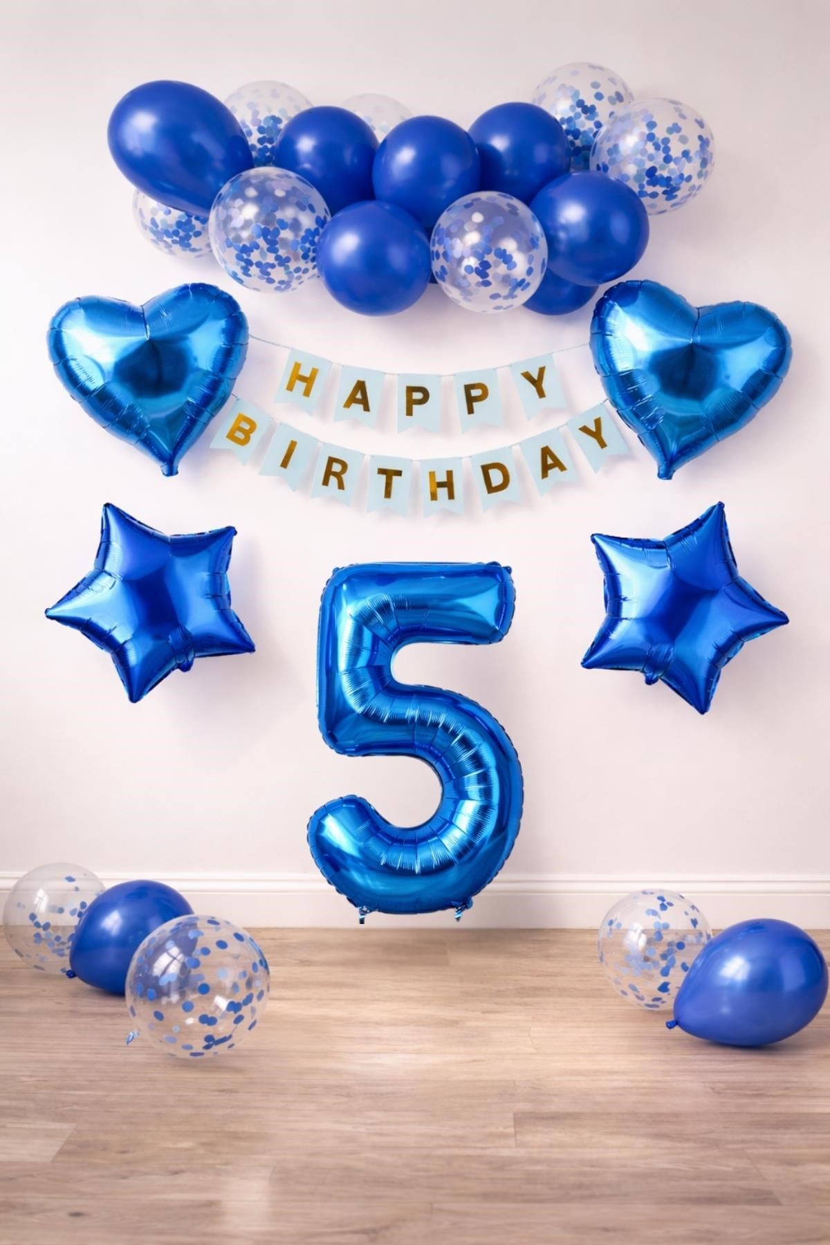 5 Yaş Mavi Konsept Doğum Günü Seti;  Kalp Yıldız Folyo Balon Set