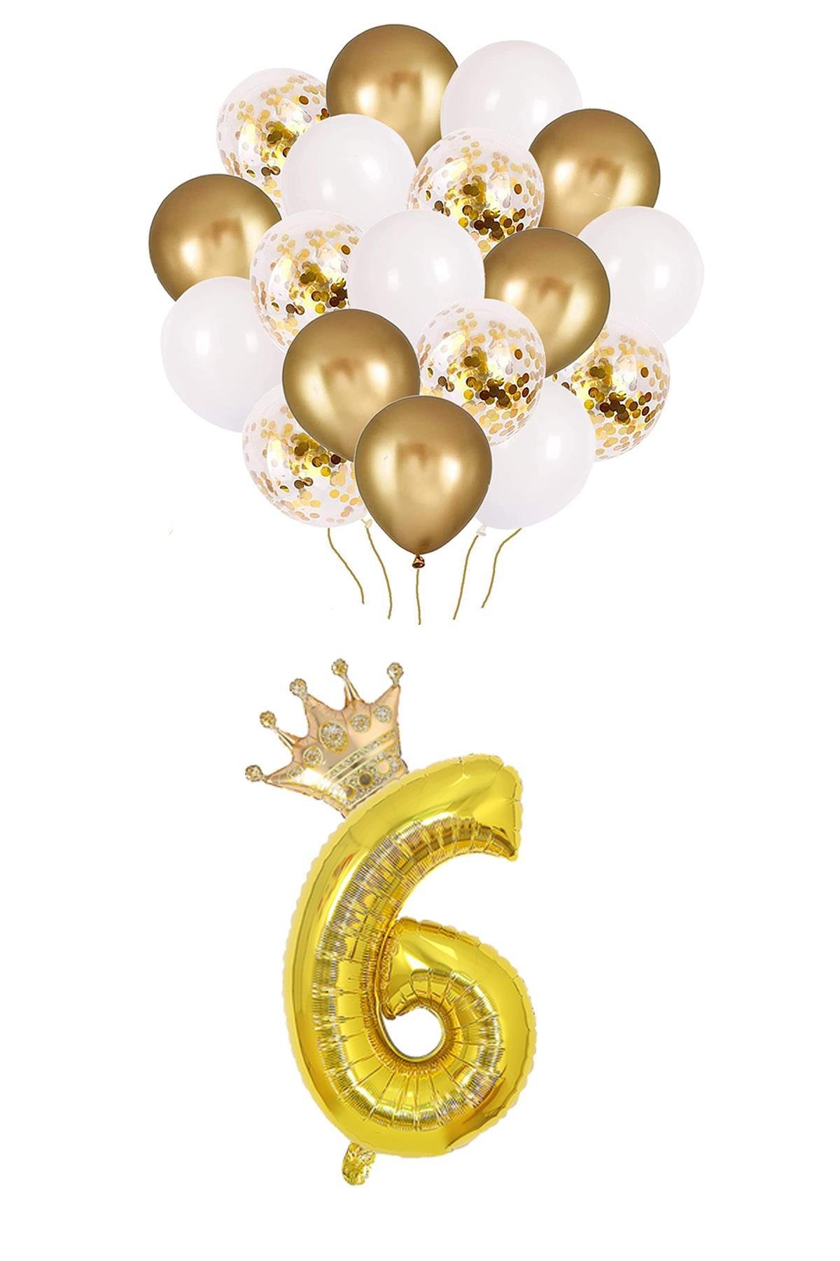 6 Rakam Gold Folyo Balon, Kral Tacı Ve Konfetili Gold Balon