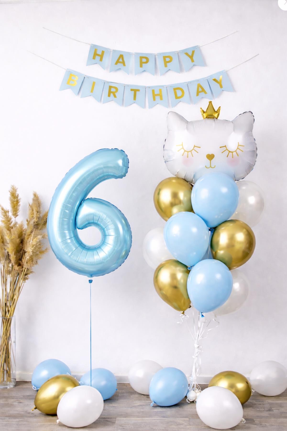 6 Yaş Kedi Temalı Doğum Günü Balon Seti – Mavi Gold Konsept