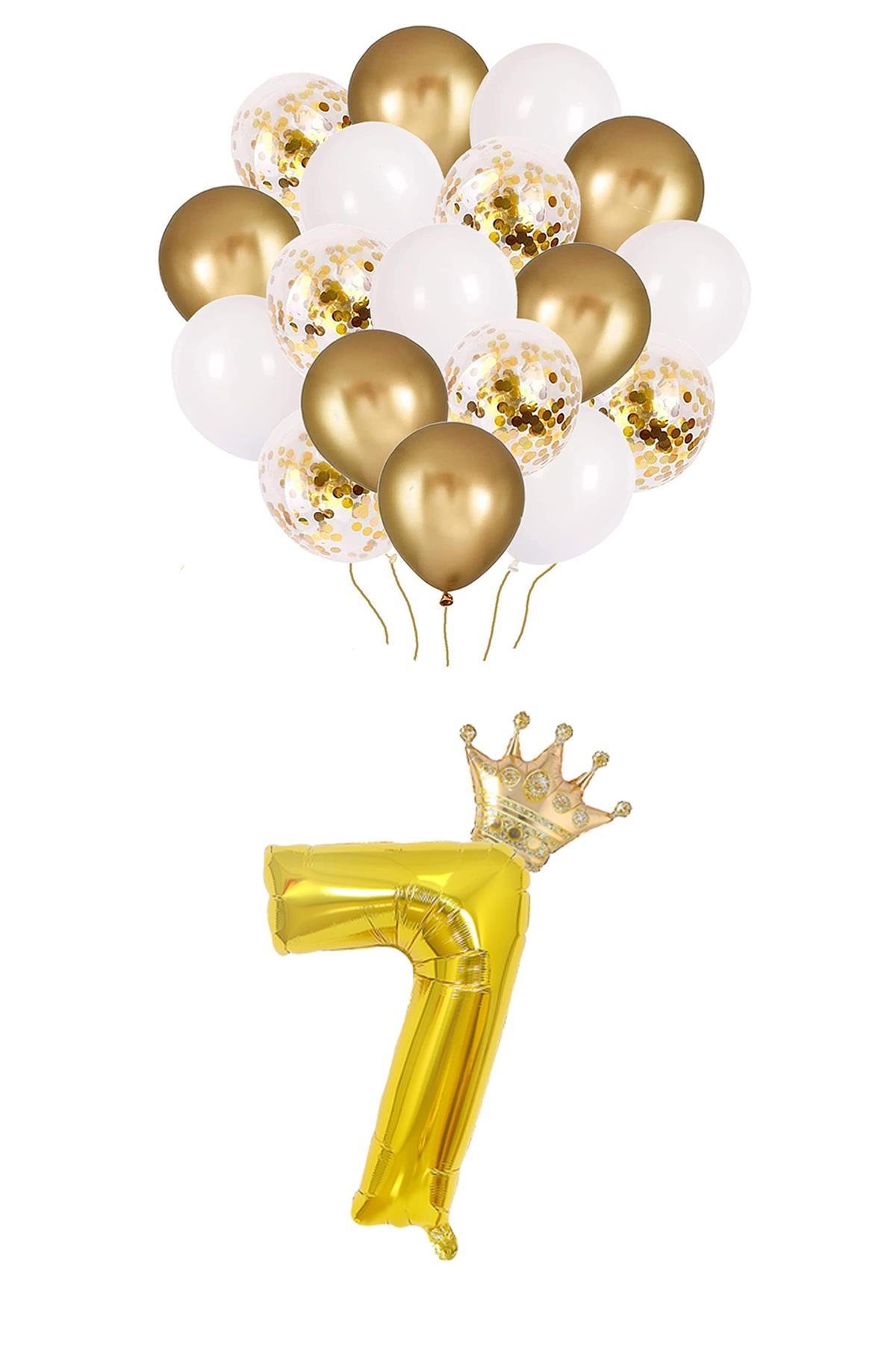 7 Rakam Gold Folyo Balon, Kral Tacı Ve Konfetili Gold Balon