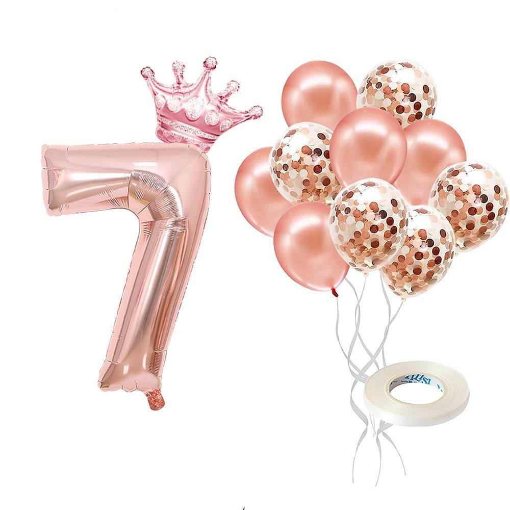 7 Rakam Rose Gold Folyo Balon, Kral Tacı Ve Konfetili Rose Gold Balon