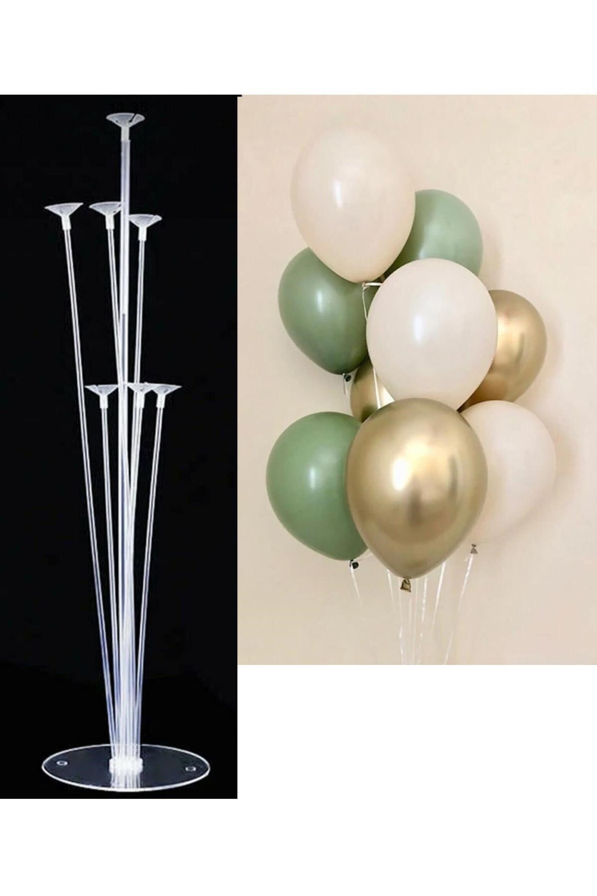 7'li Balon Standı ve 10 Adet Küf Yeşili, Krom Gold ve Deniz Kumu Balon Set
