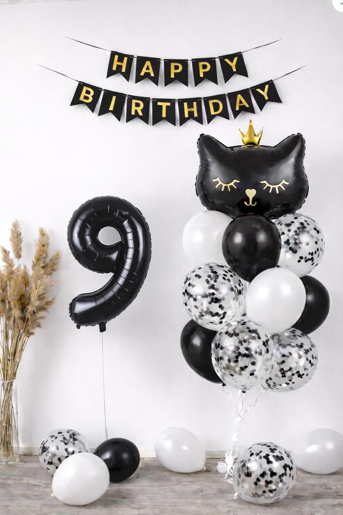 9 Yaş Kedi Temalı Doğum Günü Balon Seti – Siyah Konsept
