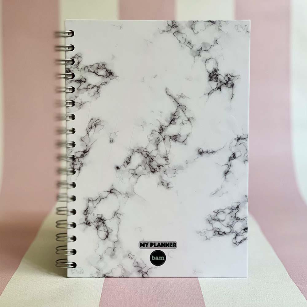 Beyaz Mermer Tasarımlı Spiralli Sticker'lı Tarihsiz Konuşan Ajanda Haftalık Planlayıcı Defter