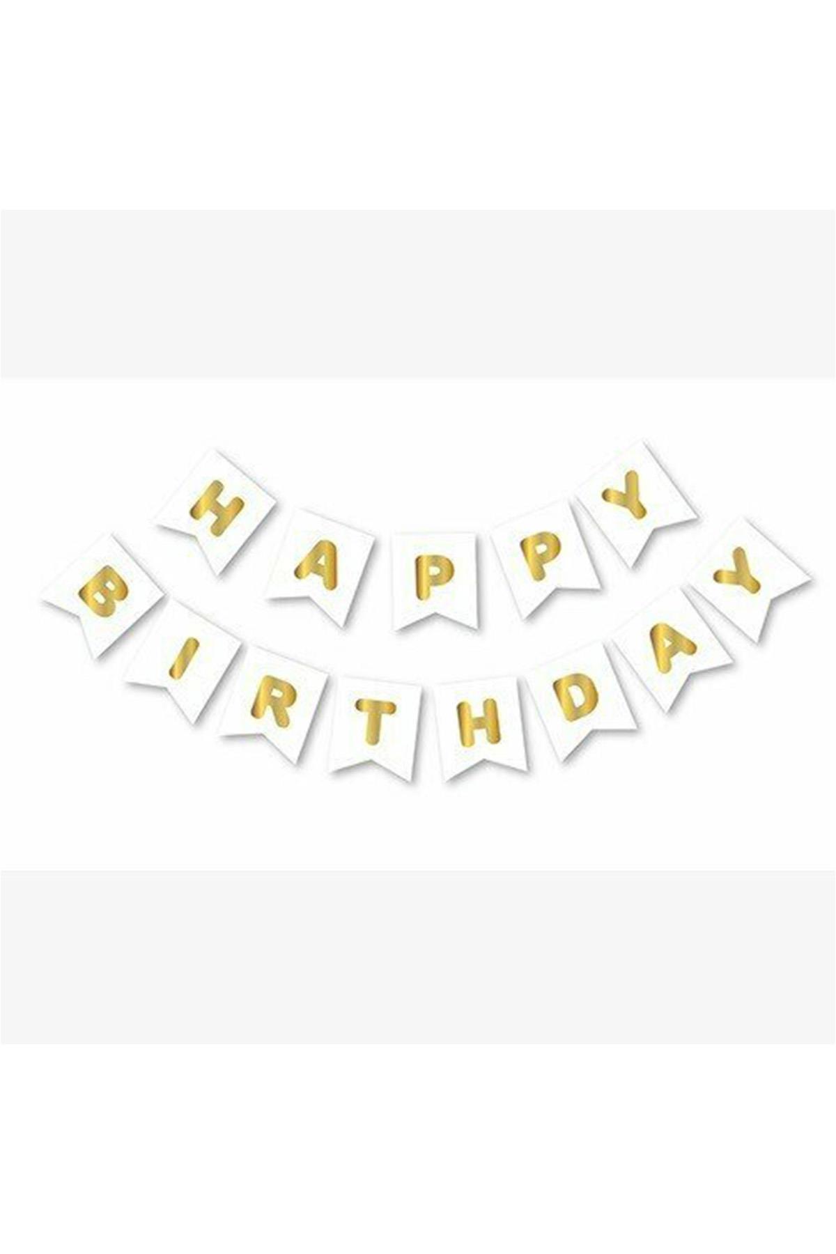 Beyaz Zemin Happy Birthday Gold Banner