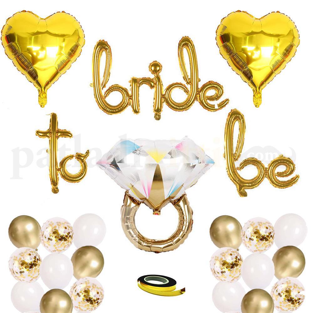 Bride To Be  El Yazısı, Tek Taş Yüzük Ve Kalp Folyo Balonlu Gold  Bride To Be Set