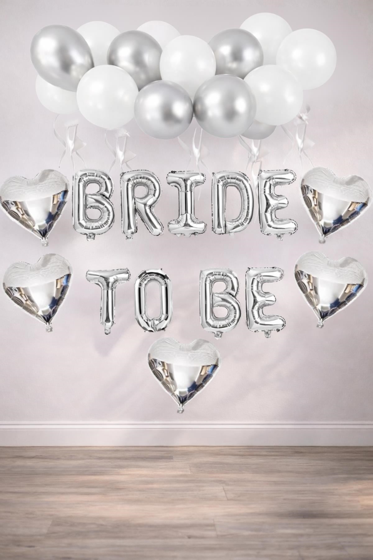 Bride To Be Gümüş Folyo Balon Seti, 5 Adet Kalp Folyo ve Lateks Balon