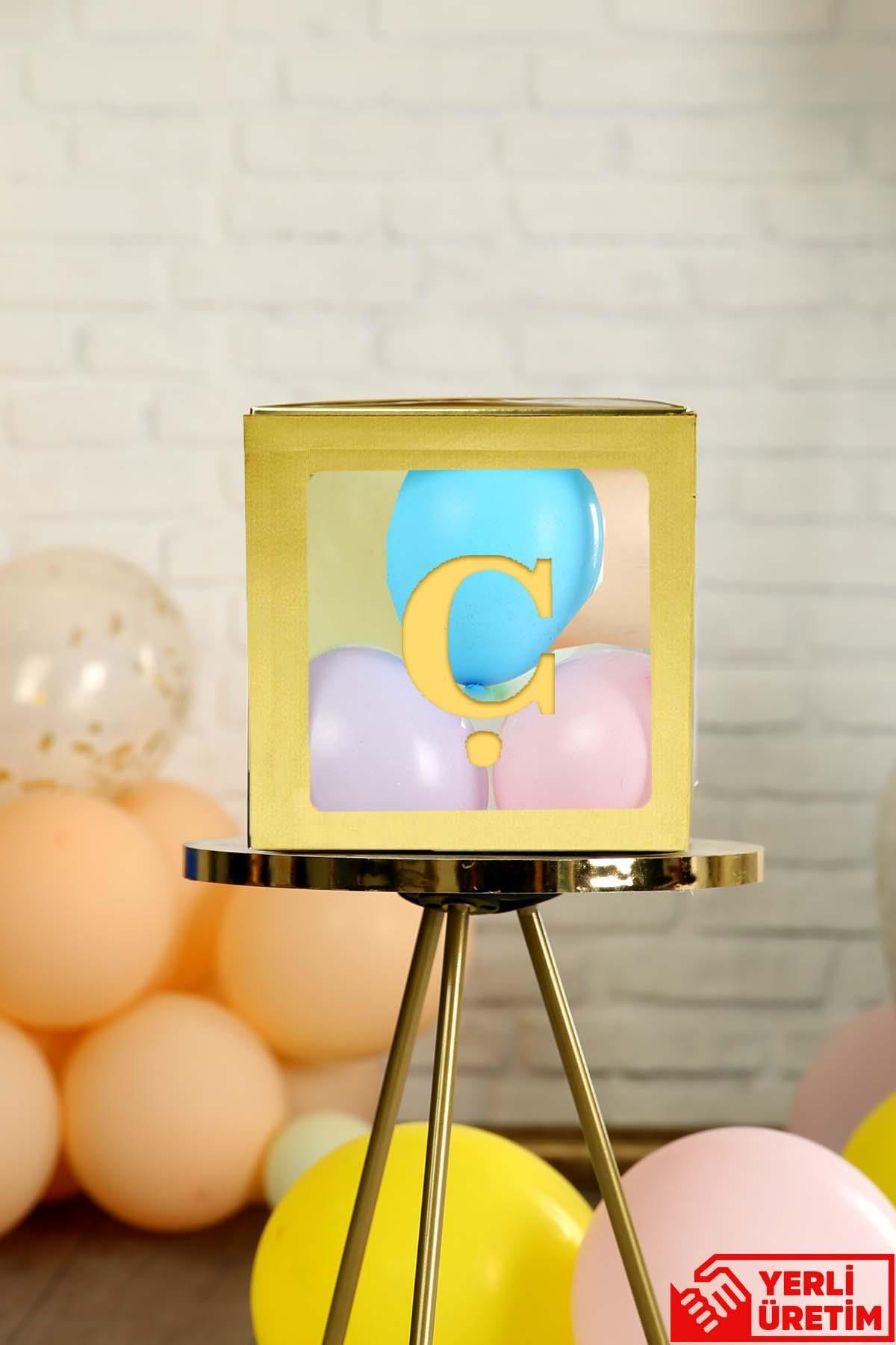 Ç Harfli Gold Şeffaf Büyük Boy 25*25 cm Balon Kutusu Kendin Yap Doğum Günü Parti Kutlama Seti