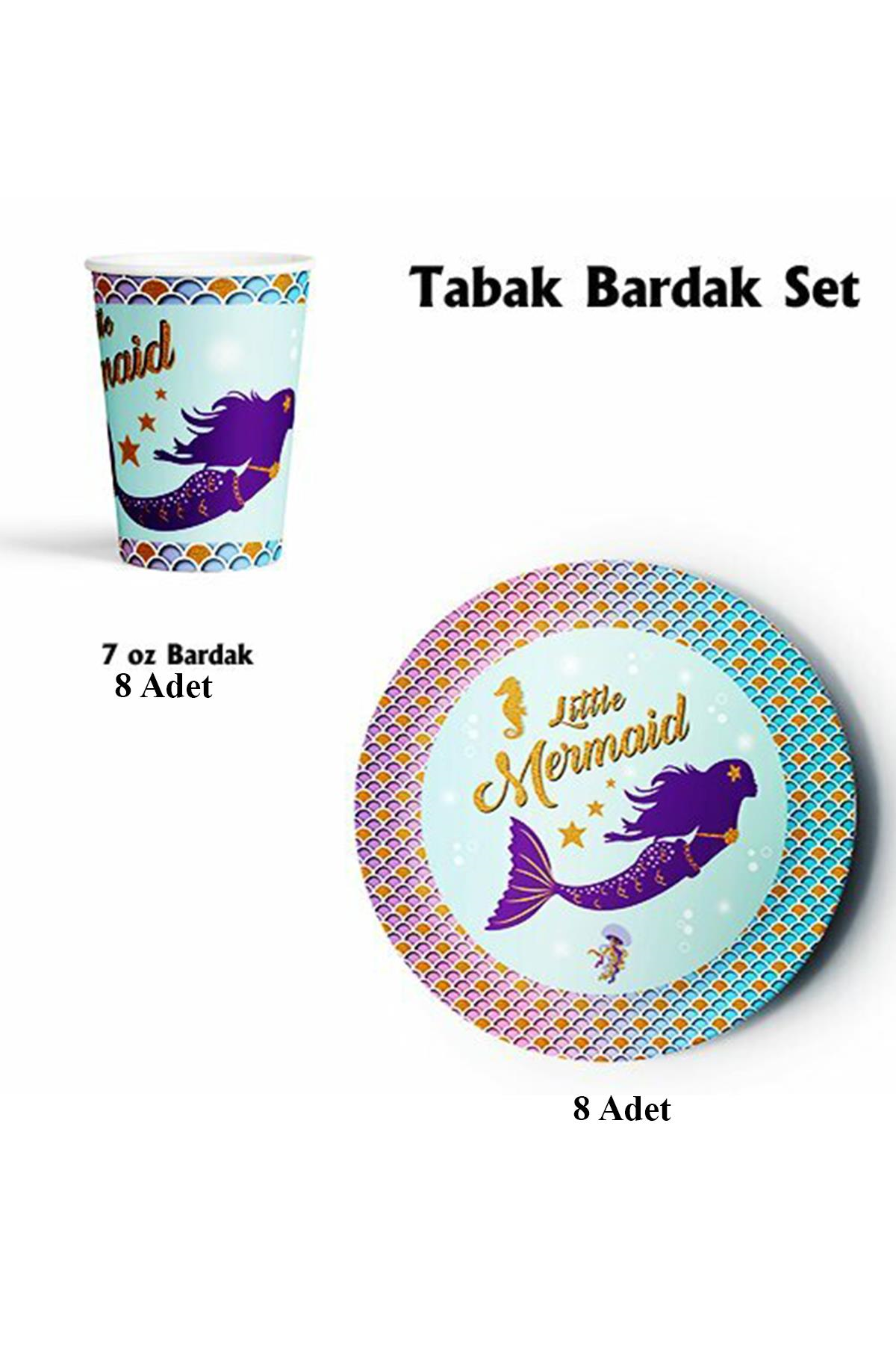 Deniz Kızı Temalı Doğum Günü Konsepti Tabak Bardak Set 8'li 