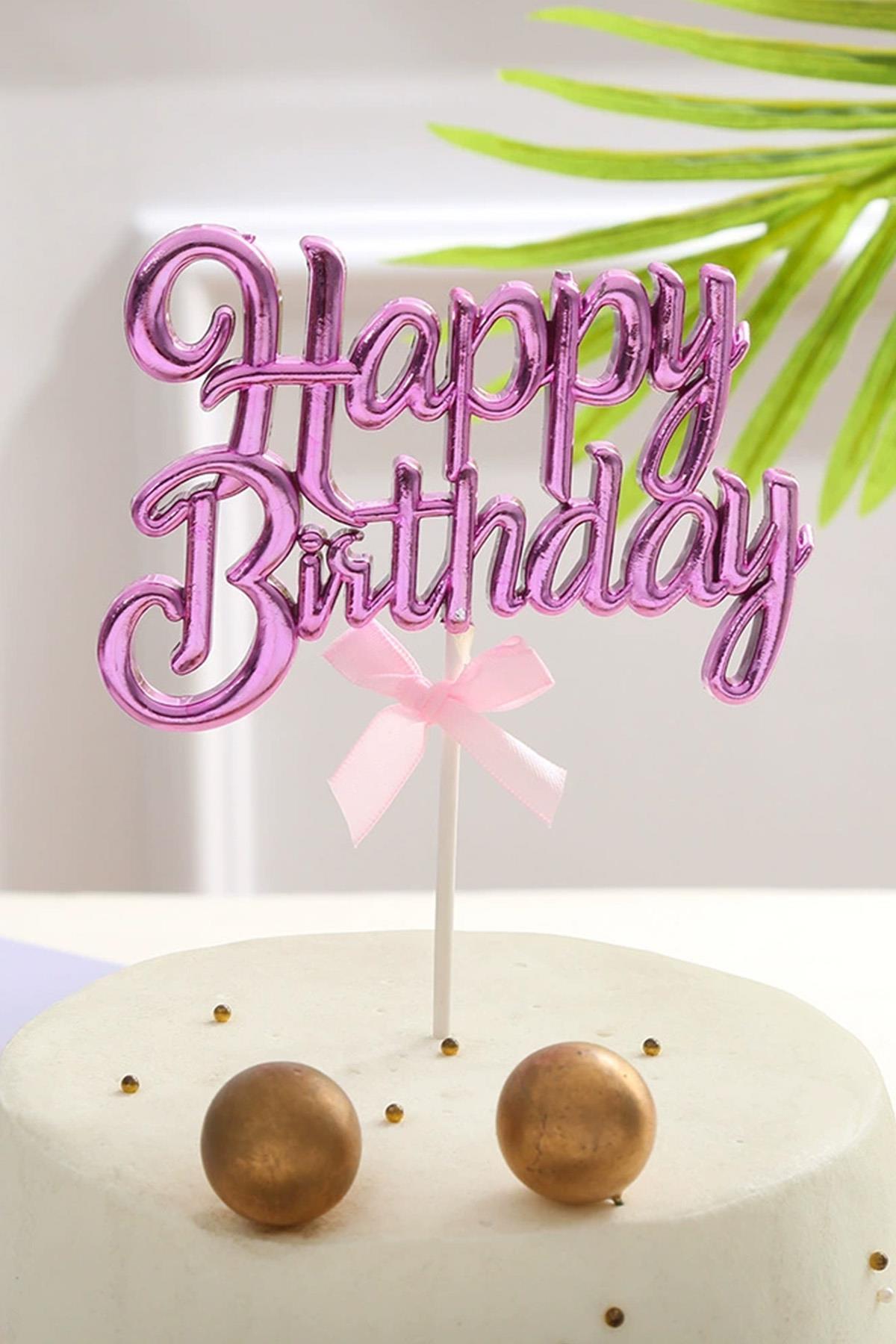 Fuşya Renk Happy Birthday Yazılı Pasta Süsü