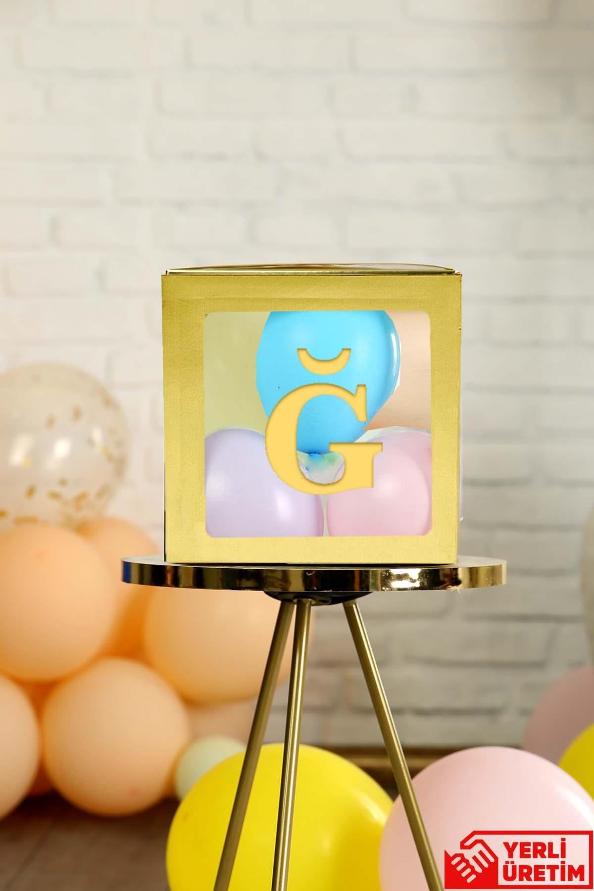 Ğ Harfli Gold Şeffaf Büyük Boy 25*25 cm Balon Kutusu Kendin Yap Doğum Günü Parti Kutlama Seti