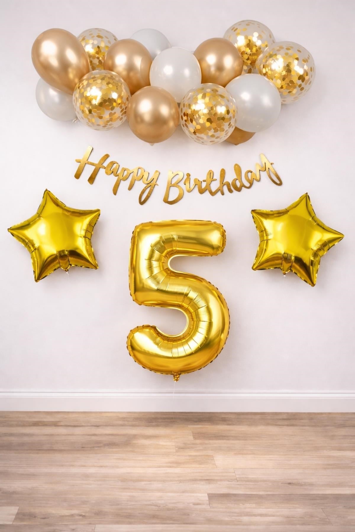 Gold Konsept 5 Yaş Doğum Günü Kutlama Seti; Beyaz Gold Konfetili Balon, Rakam Yıldız Folyo ve Banner