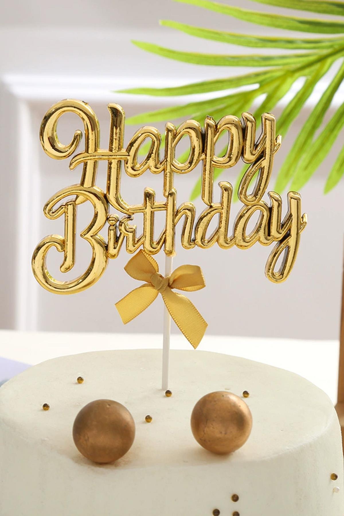 Gold Renk Happy Birthday Yazılı Pasta Süsü