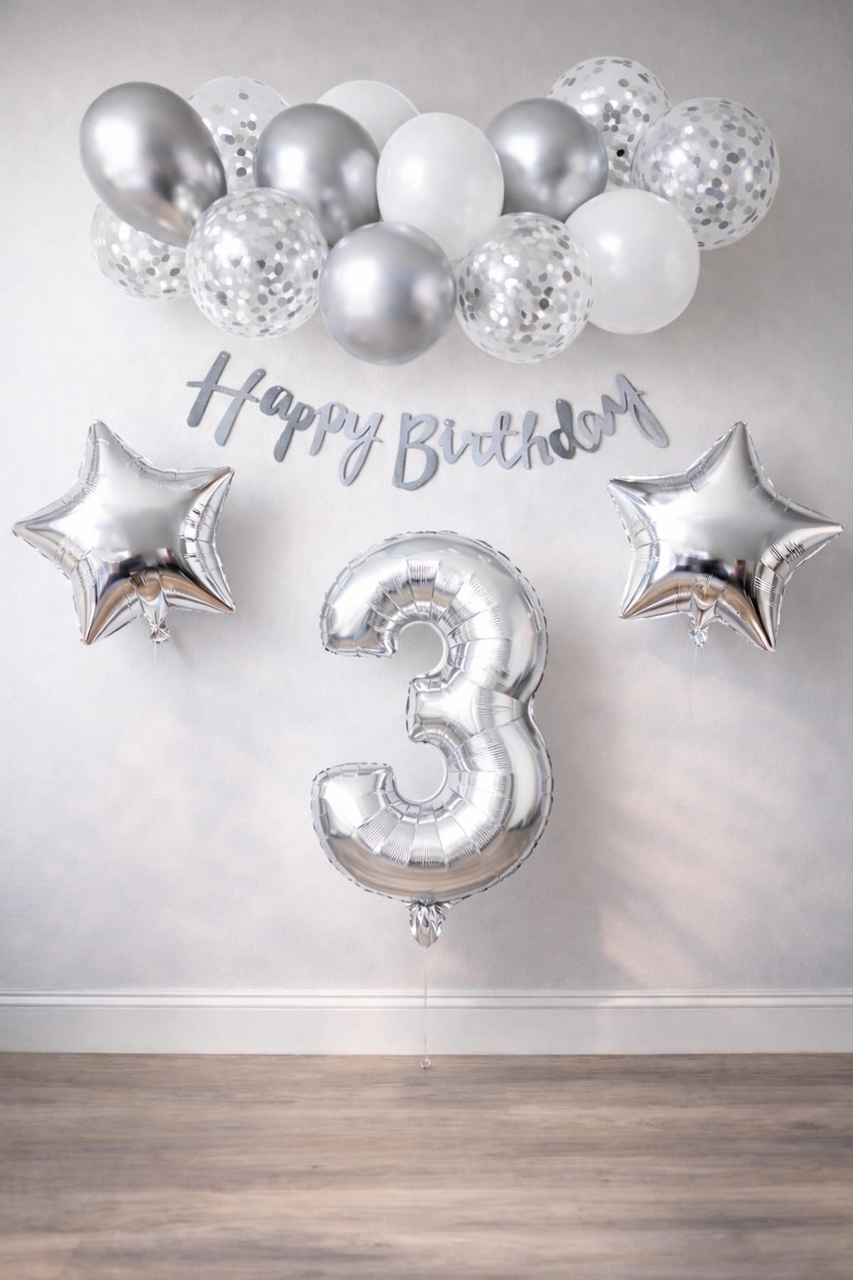 Gümüş Konsept 3 Yaş Doğum Günü Kutlama Seti Beyaz Gümüş Konfetili Balon Rakam Yıldız Folyo ve Banner