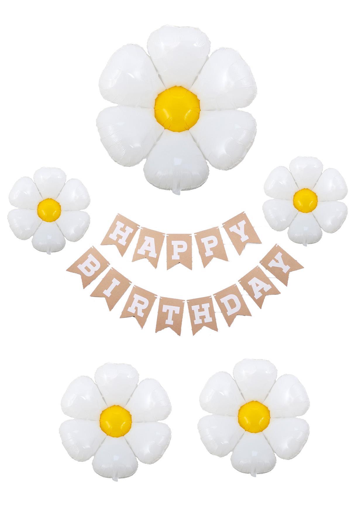 Happy Birthday Banner ve 5 Li Papatya Folyo Balon Seti Parti Kutlama Seti
