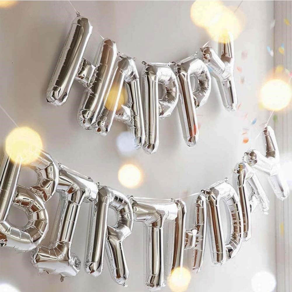 Happy Birthday Harf 13 Parça Gümüş Renk Folyo Balon Seti