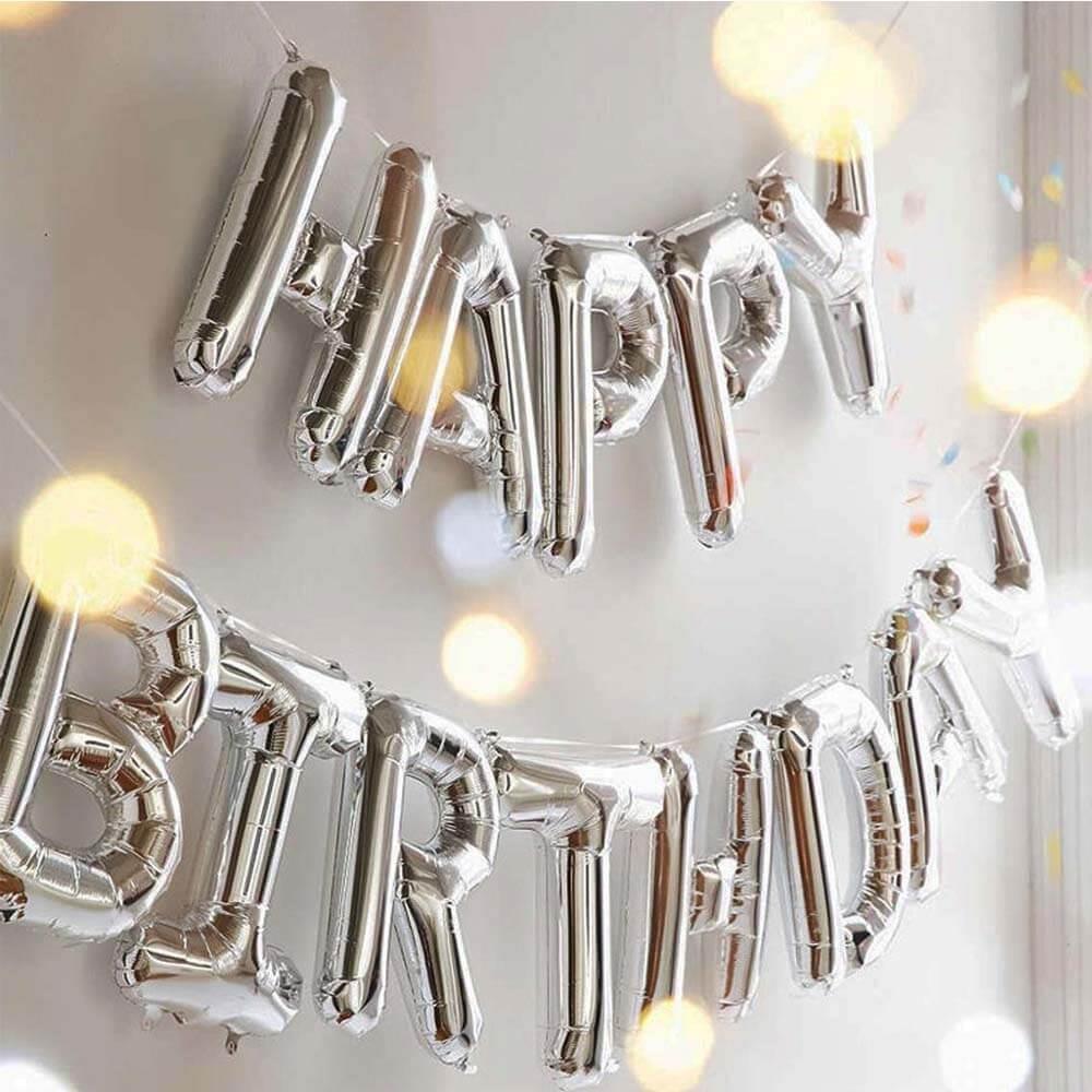 Happy Birthday Harf 13 Parça Gümüş Renk Folyo Balon Seti