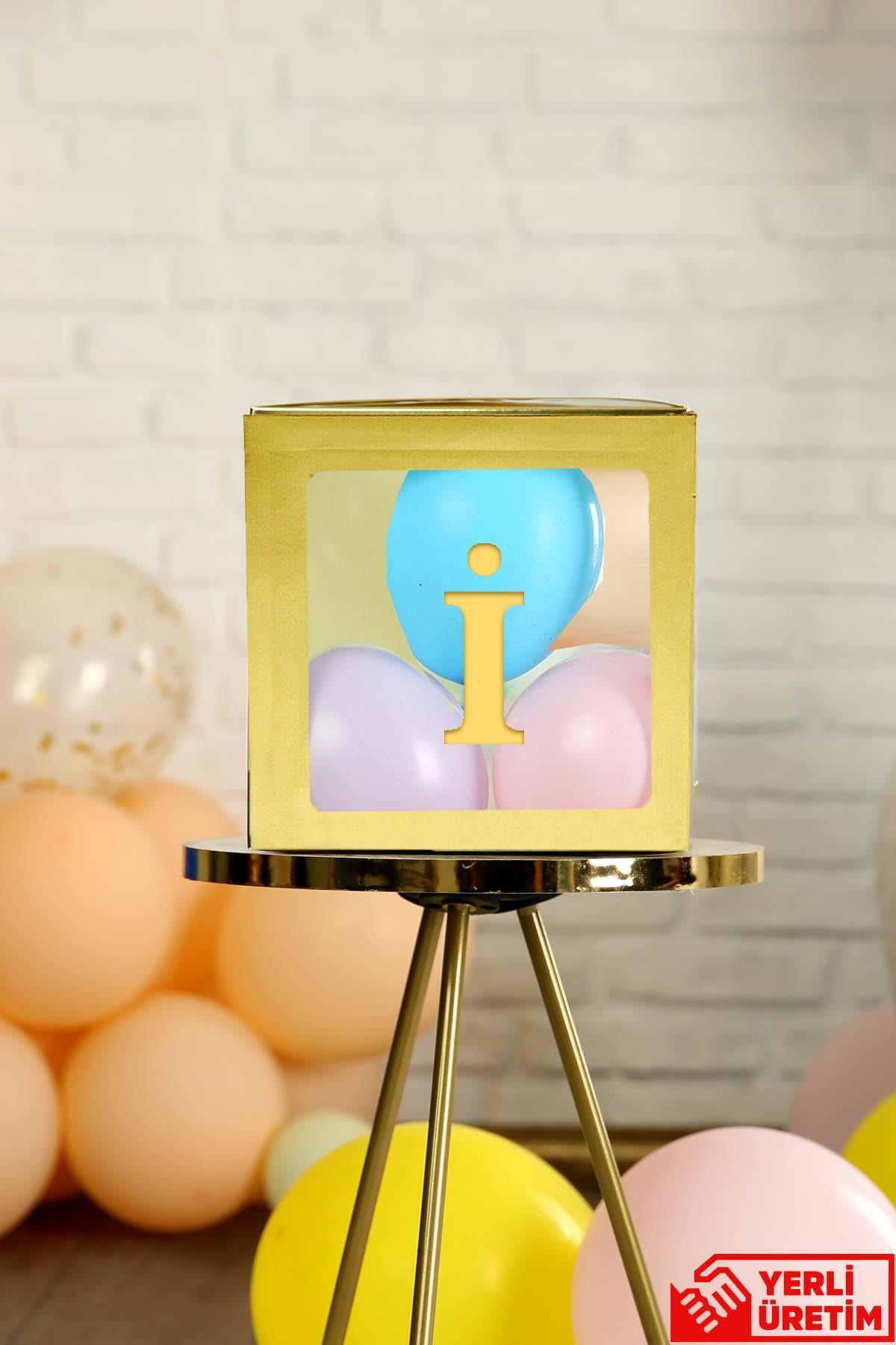 İ Harfli Gold Şeffaf Büyük Boy 25*25 cm Balon Kutusu Kendin Yap Doğum Günü Parti Kutlama Seti