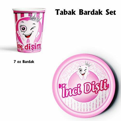 İlk Dişim Çıktı Diş Buğdayı Teması Partisi İnci Dişli Tabak Bardak 8li Pembe Renk İlk Diş Konsepti