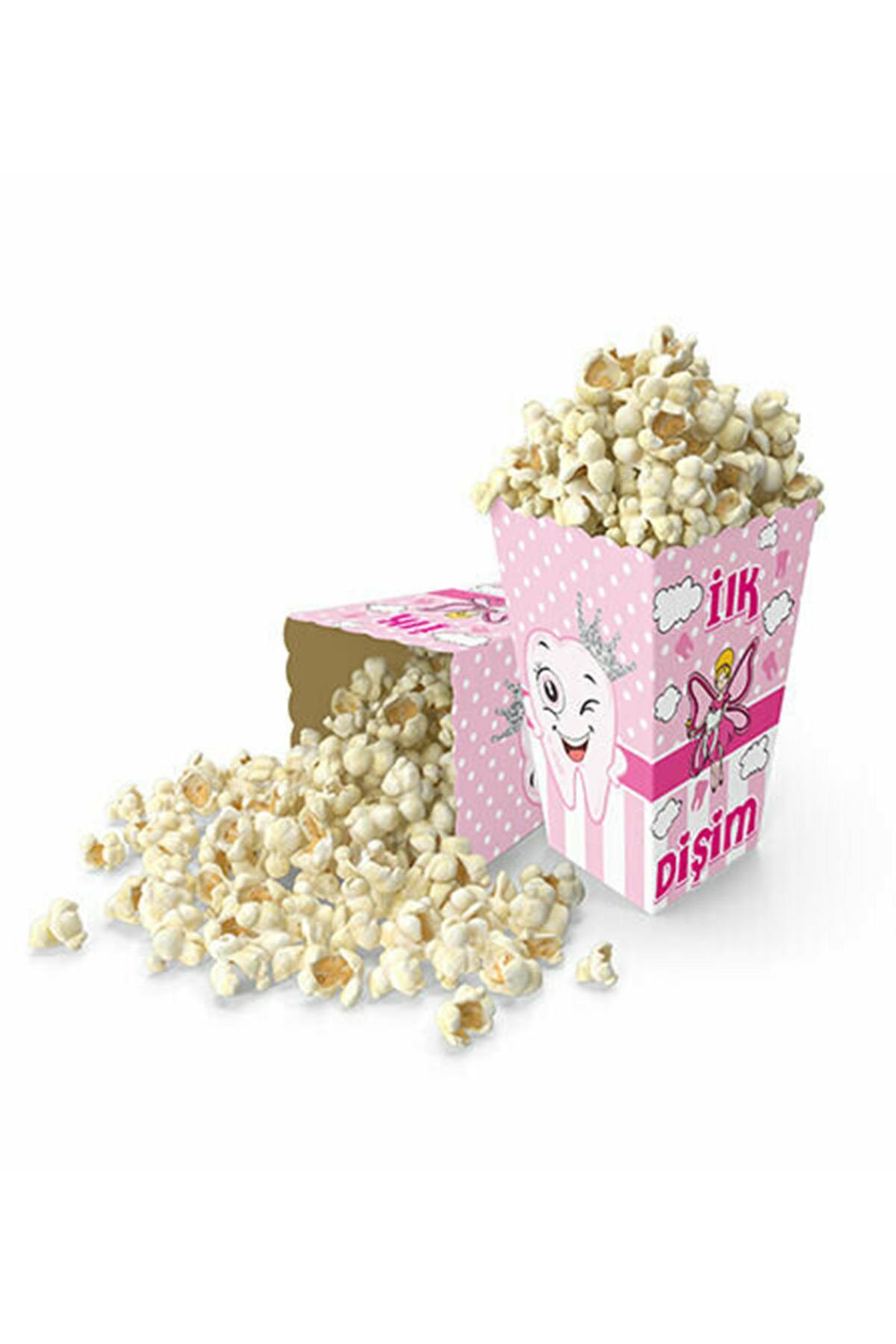 İlk Dişim Pembe Popcorn Kutu İkram Mısır Kutusu 8'li Kız Temalı Diş Partisi Pop Corn