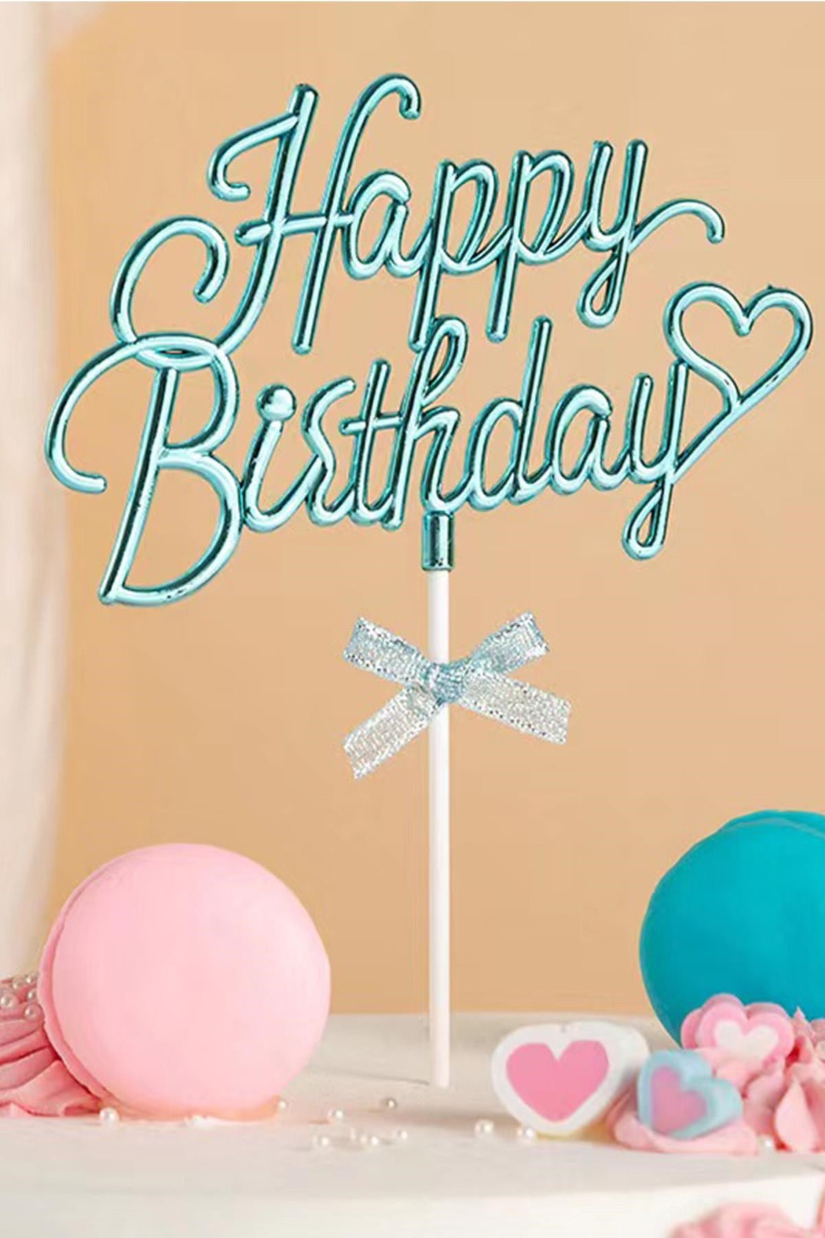 İnci Mavi Renk Happy Birthday Yazılı Pasta Süsü