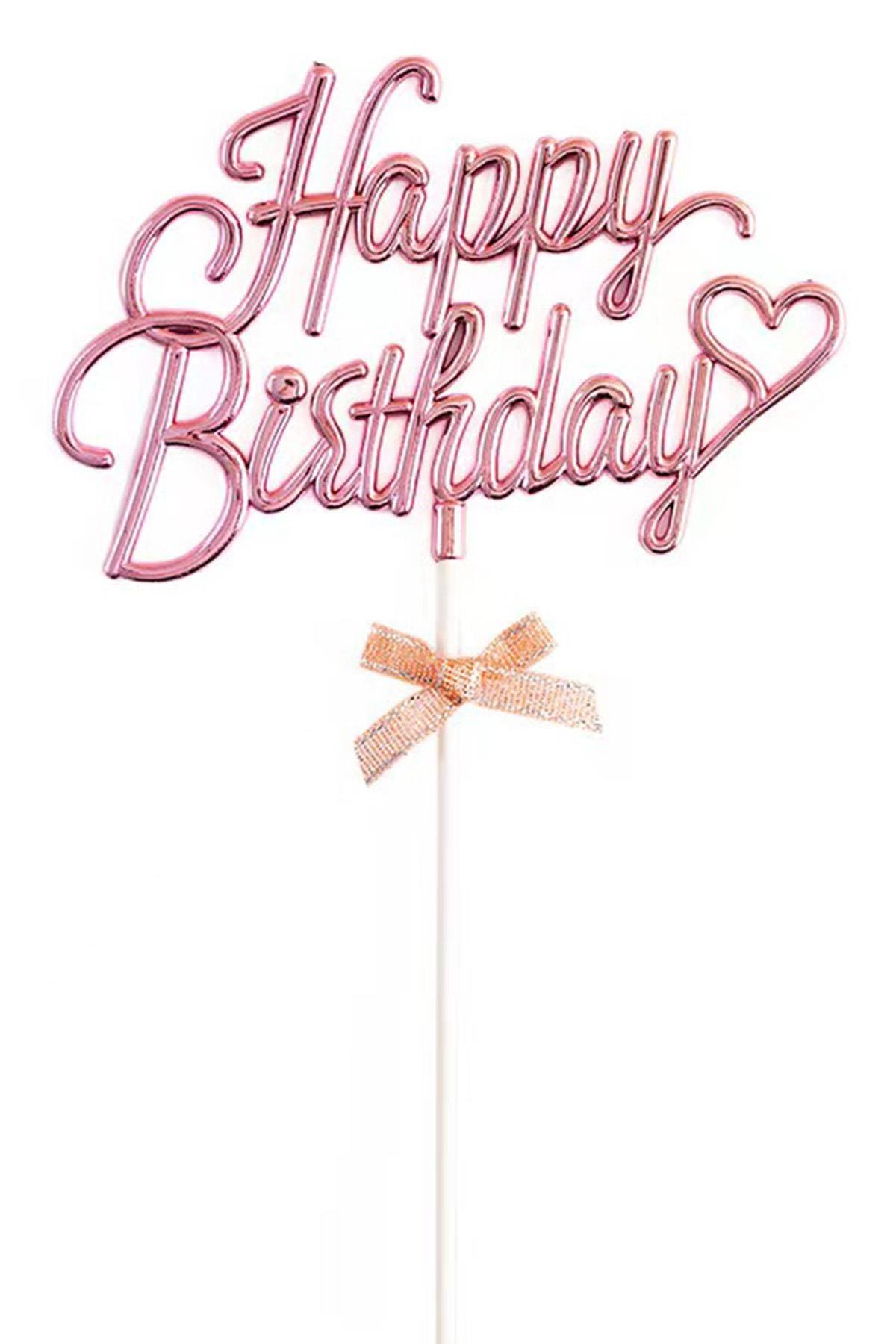 İnci Pembe Renk Happy Birthday Yazılı Pasta Süsü