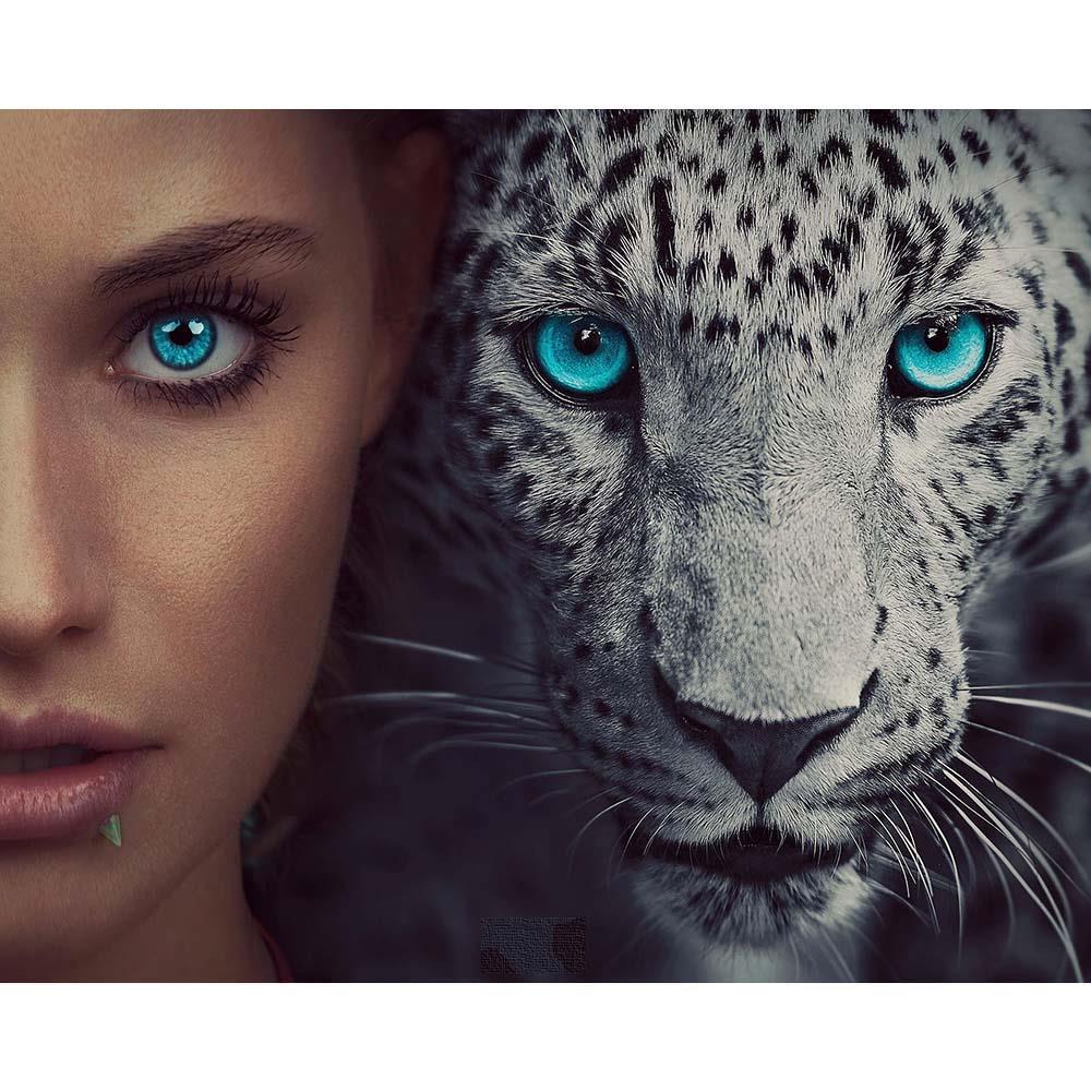 Kadın ve Leopar Tuvale Gerili Sayılarla Boyama Hobi Seti 40x50 cm
