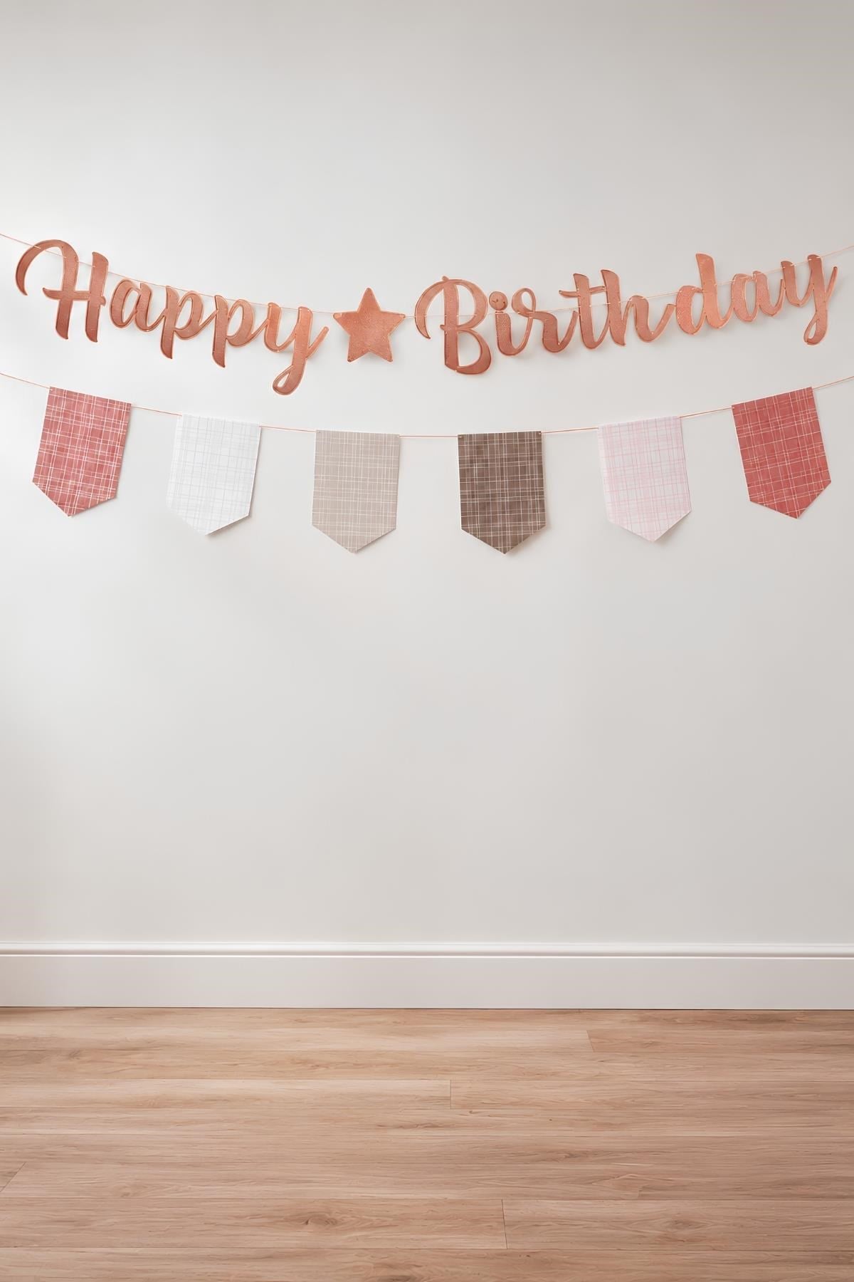 Kiremit Renk Happy Birthday Banner Seti – Ekose Flamalı Doğum Günü Süsleme Dekorasyon Seti
