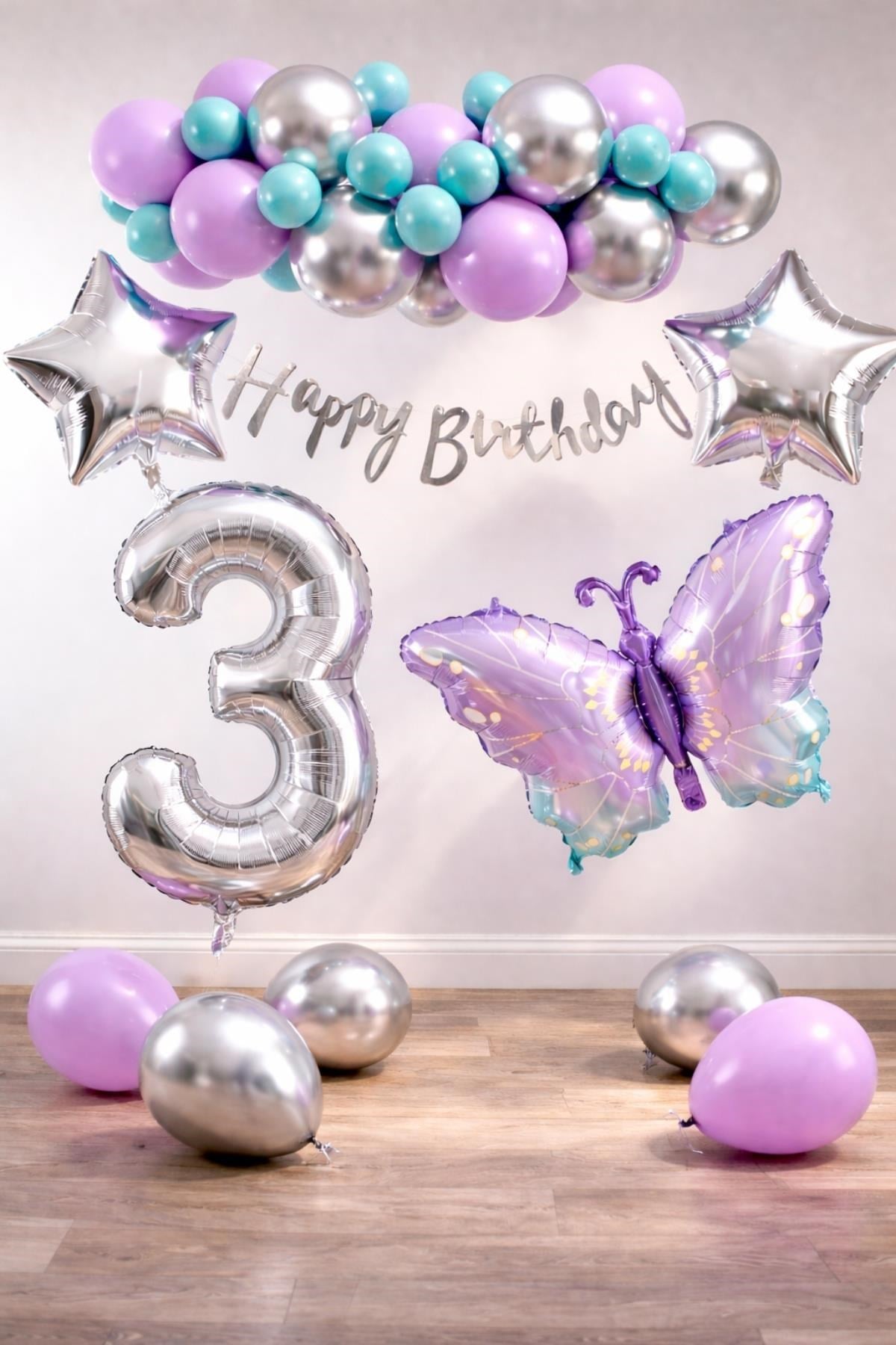 Lila Kelebek Temalı 3 Yaş Doğum Günü Balon Süsleme Seti – Lila Gümüş Parti Dekorasyon Seti