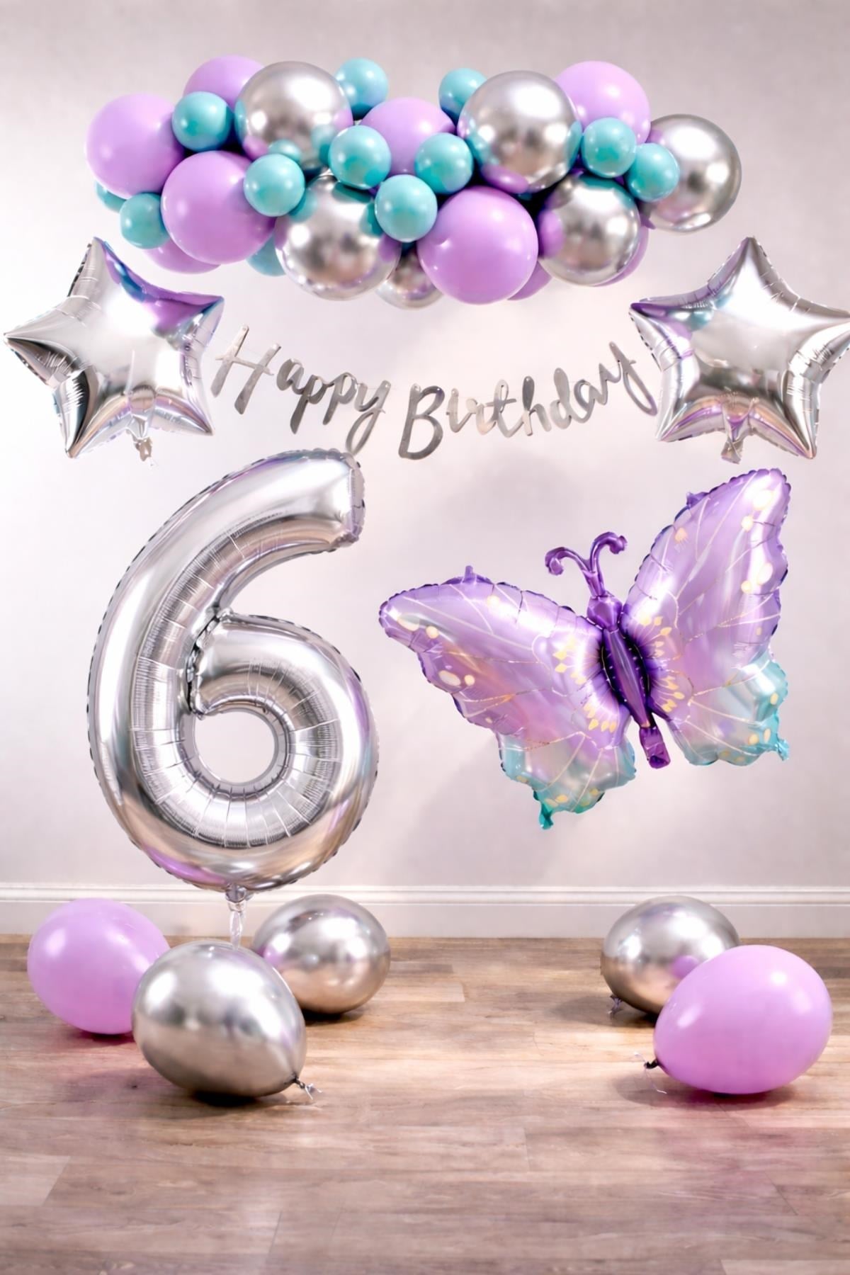 Lila Kelebek Temalı 6 Yaş Doğum Günü Balon Süsleme Seti – Lila Gümüş Parti Dekorasyon Seti