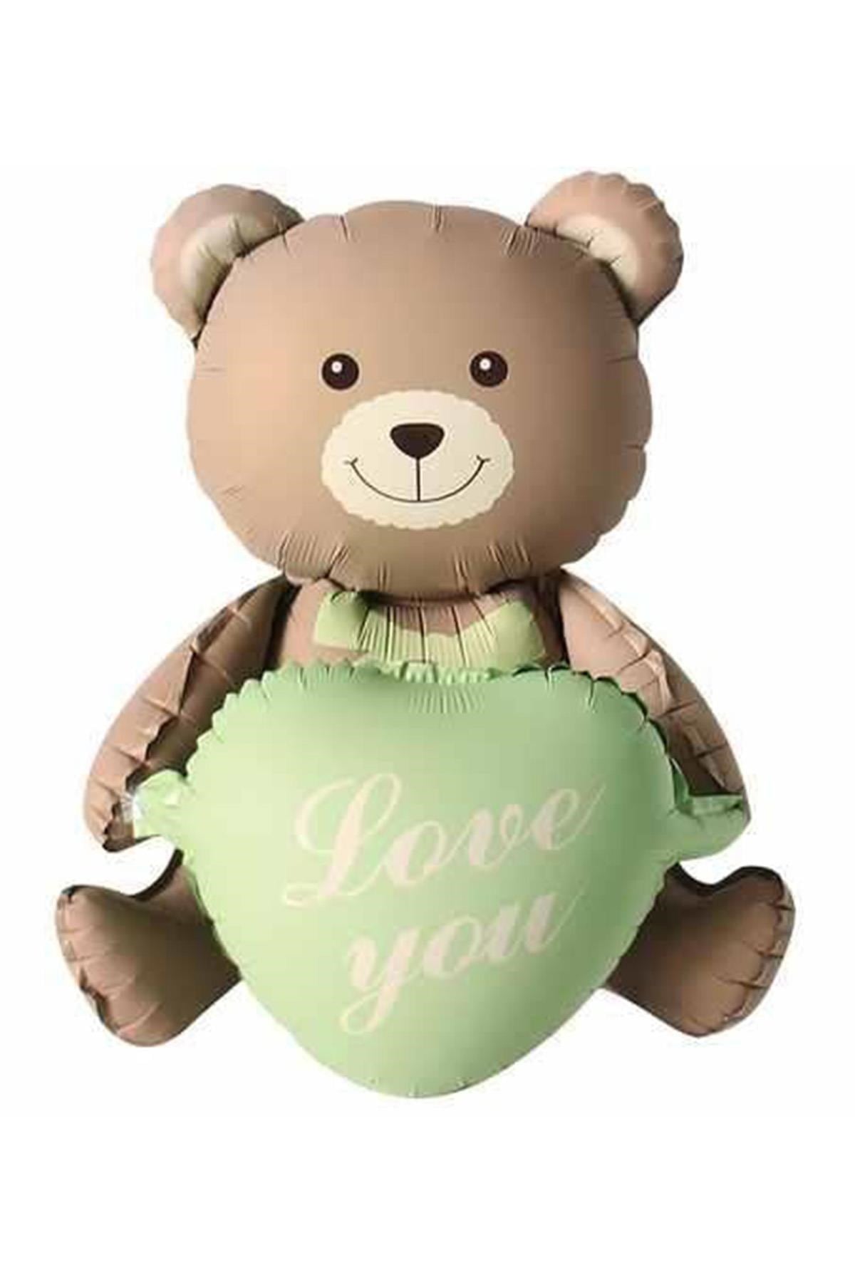 Love You Yazılı Retro Yeşil Kalpli Kahverengi Oturan Ayı Folyo Balon