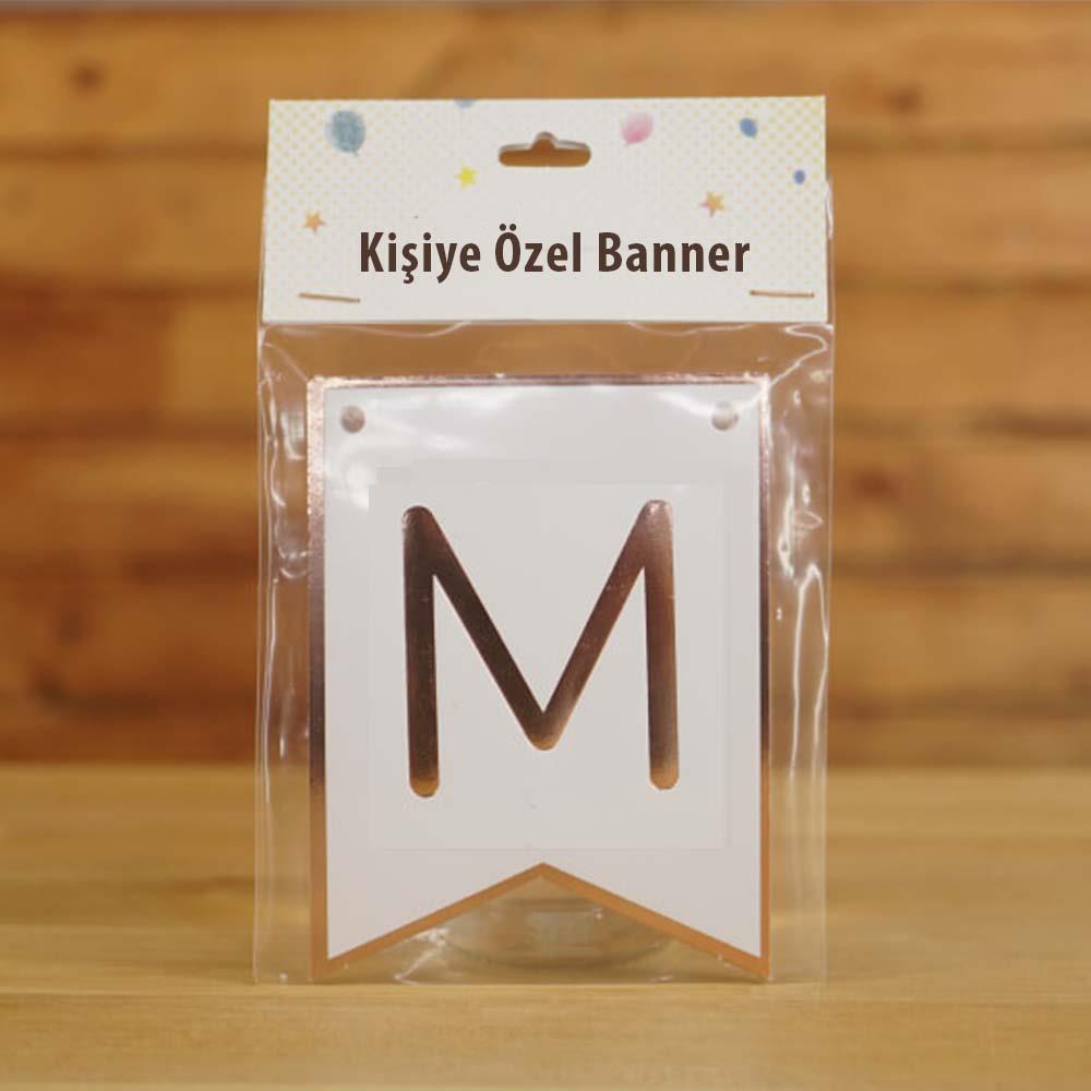 M Harfli Beyaz Zemin Rose Gold Kişiye Özel Banner Kart