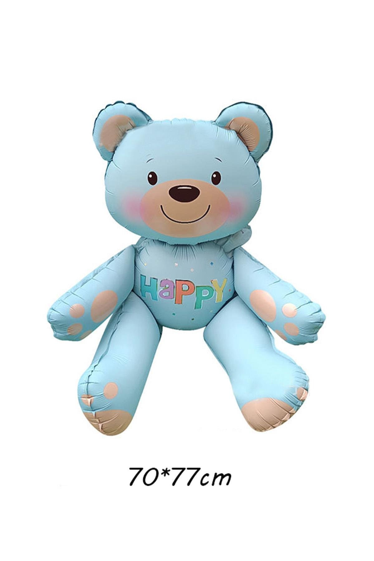Mavi Renk Happy Yazılı Oturan Ayı Folyo Balon 77x70 Cm 