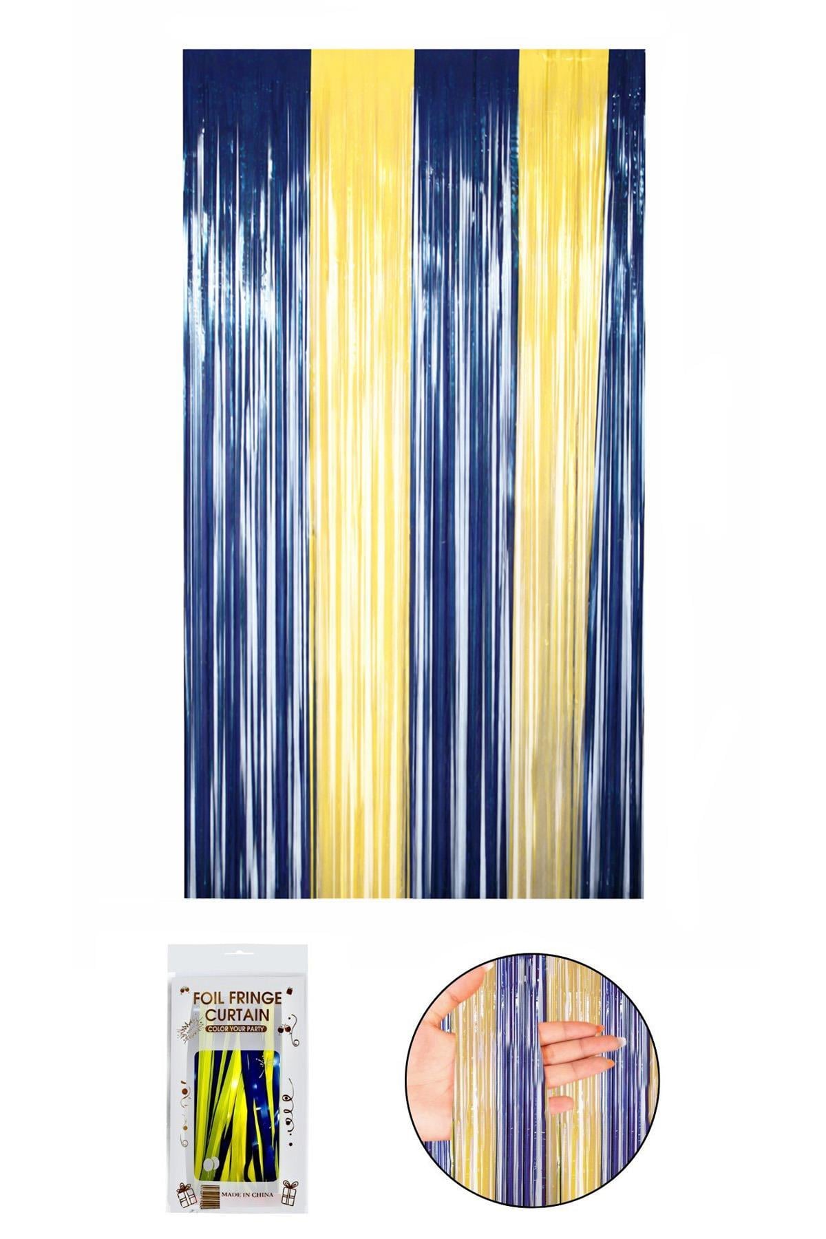 Metalize Arka Fon Kapı Perdesi Sarı Lacivert 100x200 cm