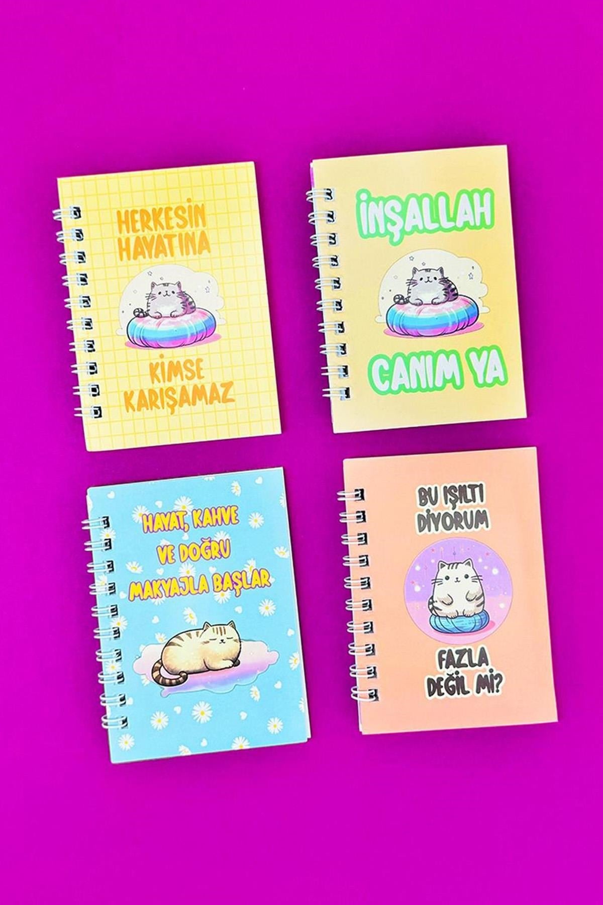Mini 4'lü Kedi Mottolu Spiralli Defter
