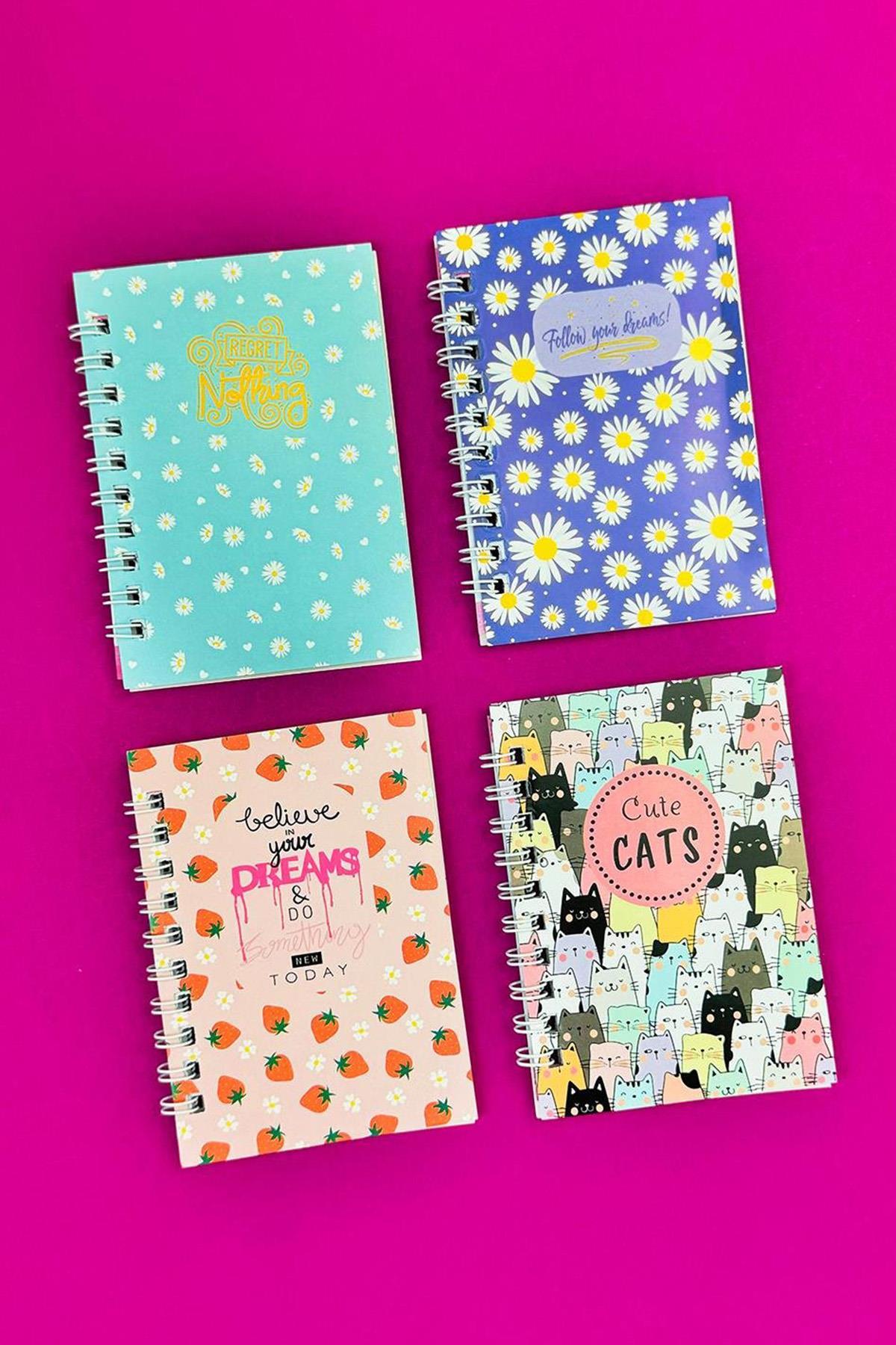 Mini 4'lü Renkli Desenli Spiralli Defter