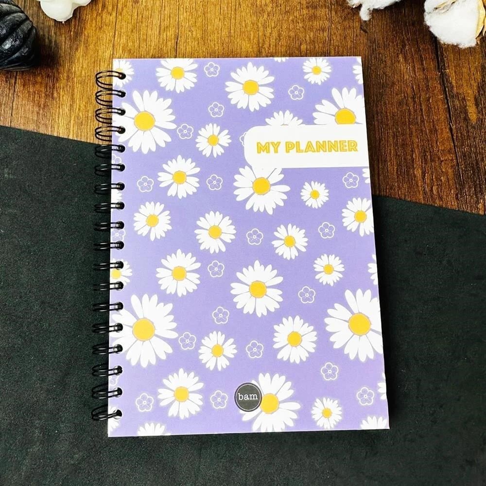 Mor Papatya Tasarımlı Spiralli Sticker'lı Tarihsiz Konuşan Ajanda Haftalık Planlayıcı Defter