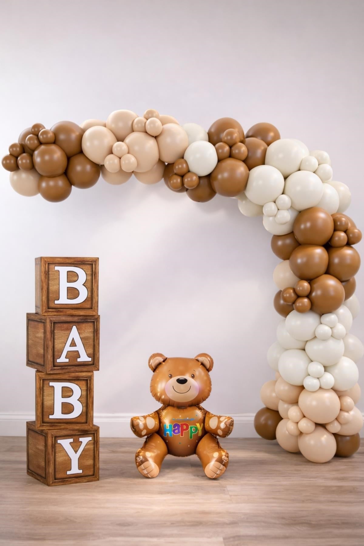 Oyuncak Ayı Temalı Baby Shower Set; Ahşap Görünümlü Baby Kutu, Ayıcık Folyo Ve Retro Balon Zincir Set