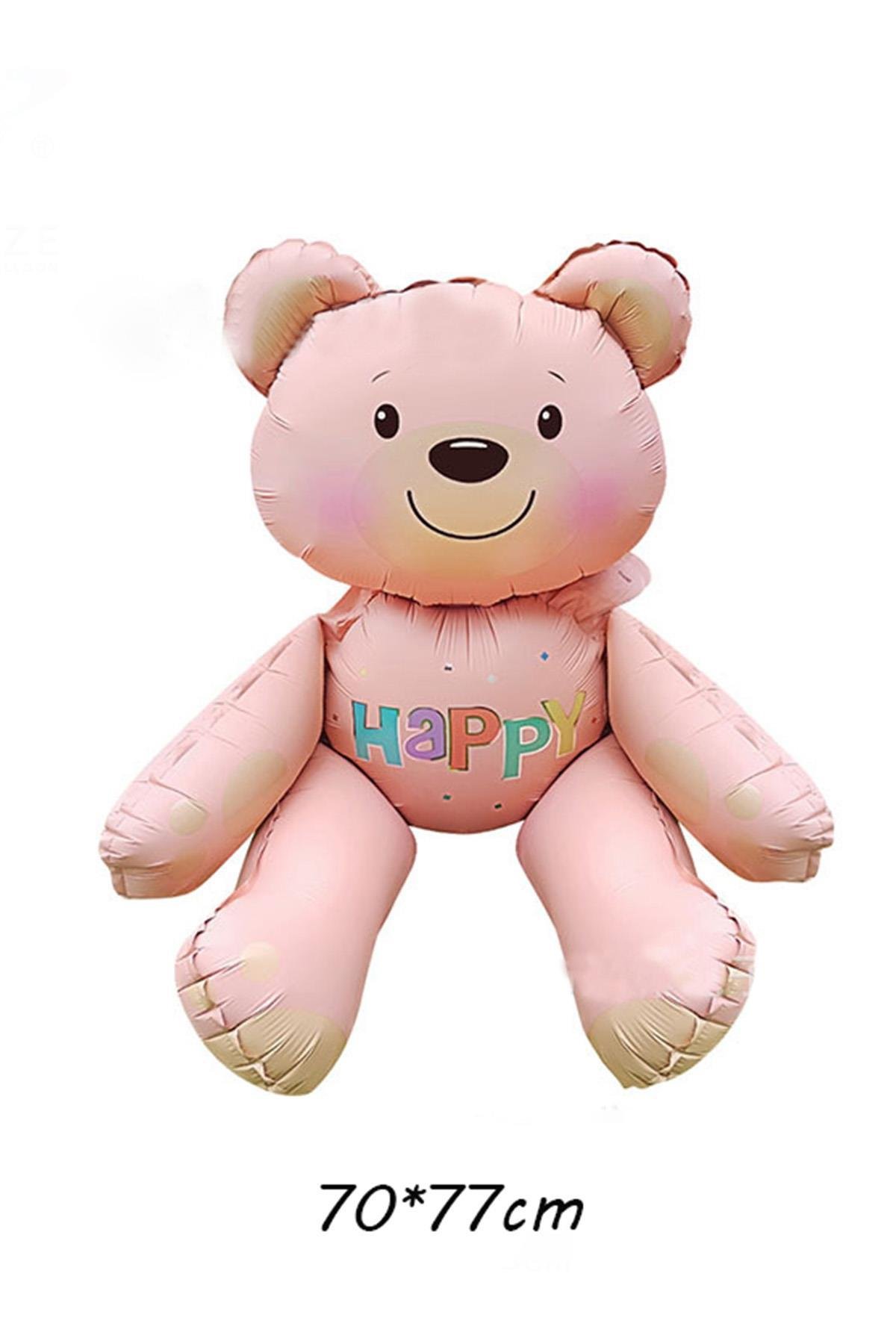 Pembe Happy Yazılı Oturan Ayı Folyo Balon 77x70 Cm 