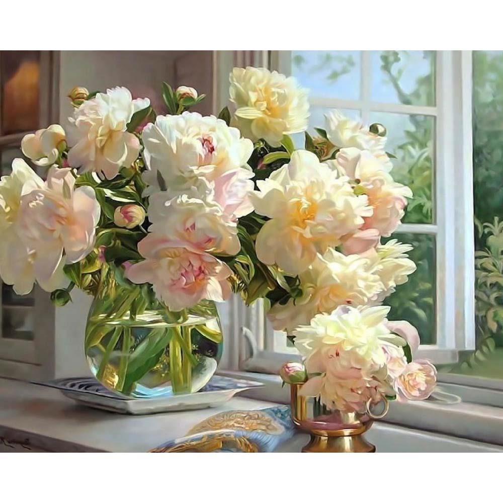 Penceredeki Şakayıklar Tuvale Gerili Sayılarla Boyama Hobi Seti 40x50 cm