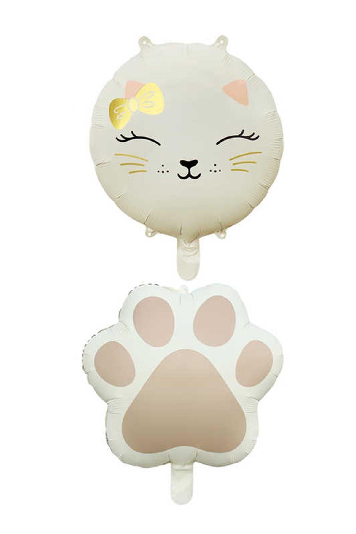 Retro Krem Renkli Kedi ve Pati Folyo Balon Set