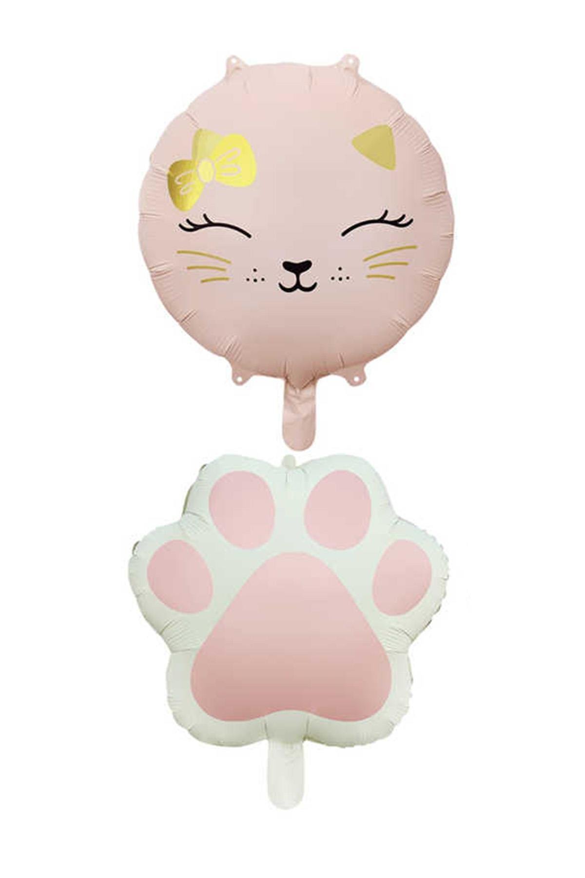 Retro Pembe Renkli Kedi ve Pati Folyo Balon Set