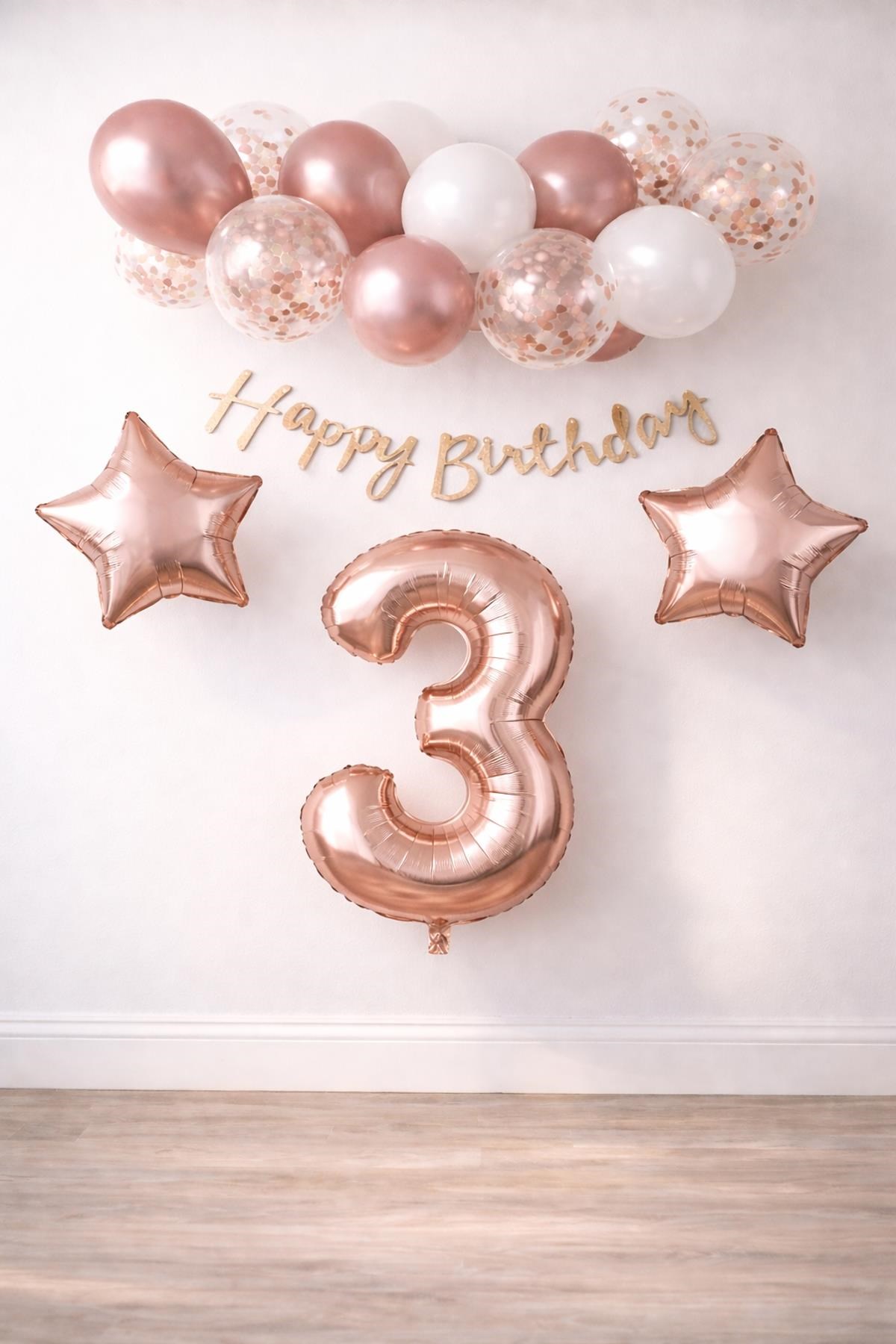 Rose Gold Konsept 3 Yaş Doğum Günü Kutlama Seti; Beyaz Gold Konfetili Balon, Rakam Yıldız Folyo ve Banner