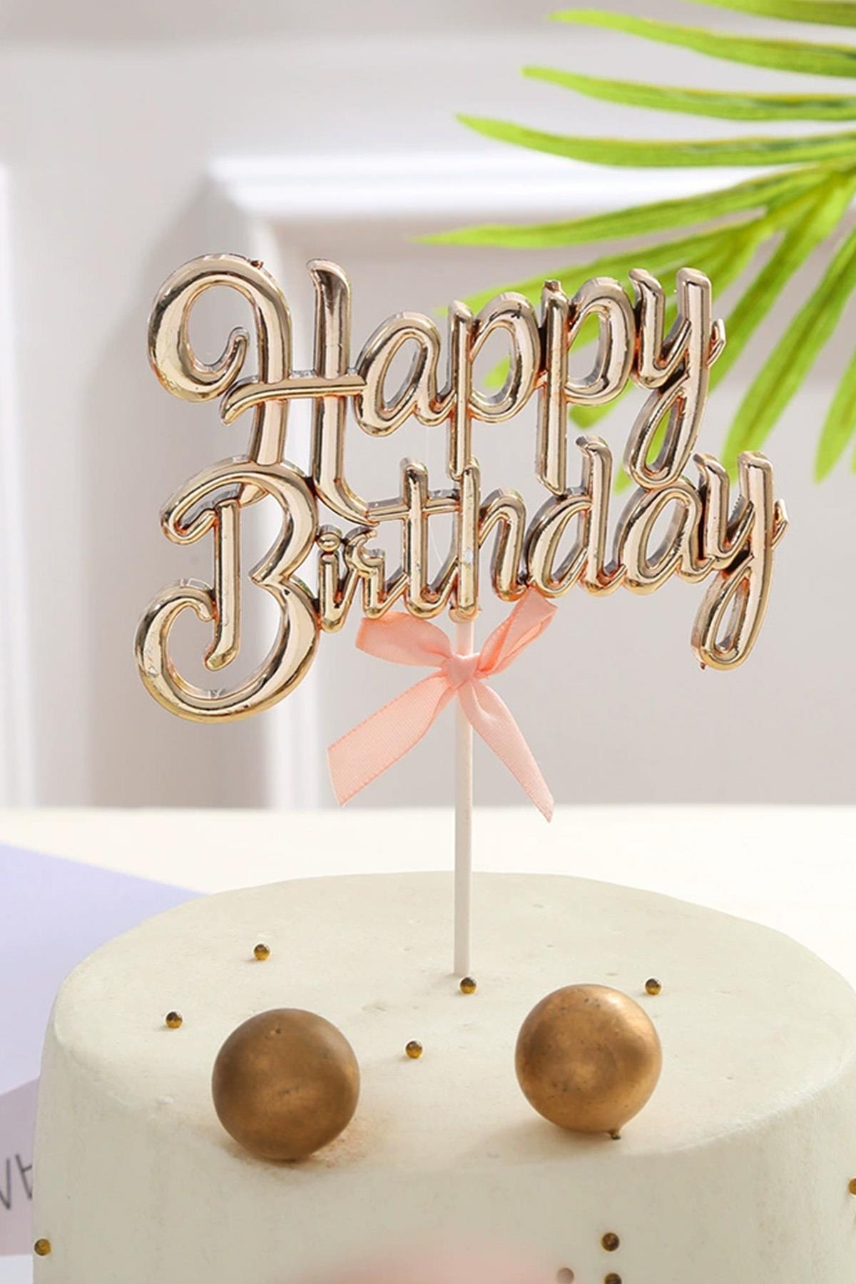 Rose Gold Renk Happy Birthday Yazılı Pasta Süsü