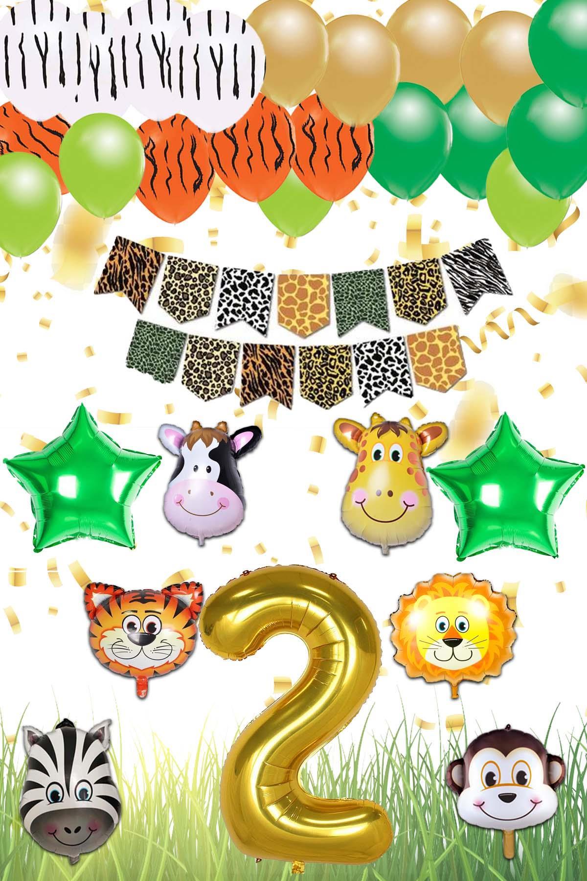 Safari Konsepti 2 Yaş Doğum Günü Parti Kutlama Seti; Rakam ve Yıldız Folyo, Banner ve Balon Zinciri