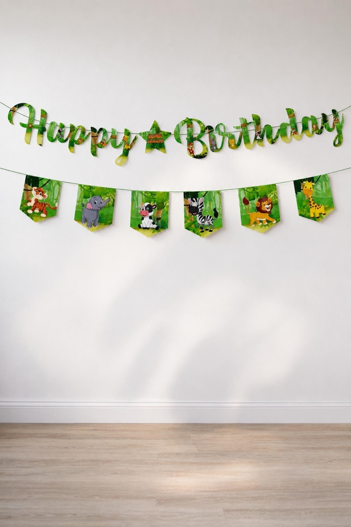 Safari Temalı Happy Birthday Banner Seti – Doğum Günü Yazı Bannerı ve 6’lı Flama Süs