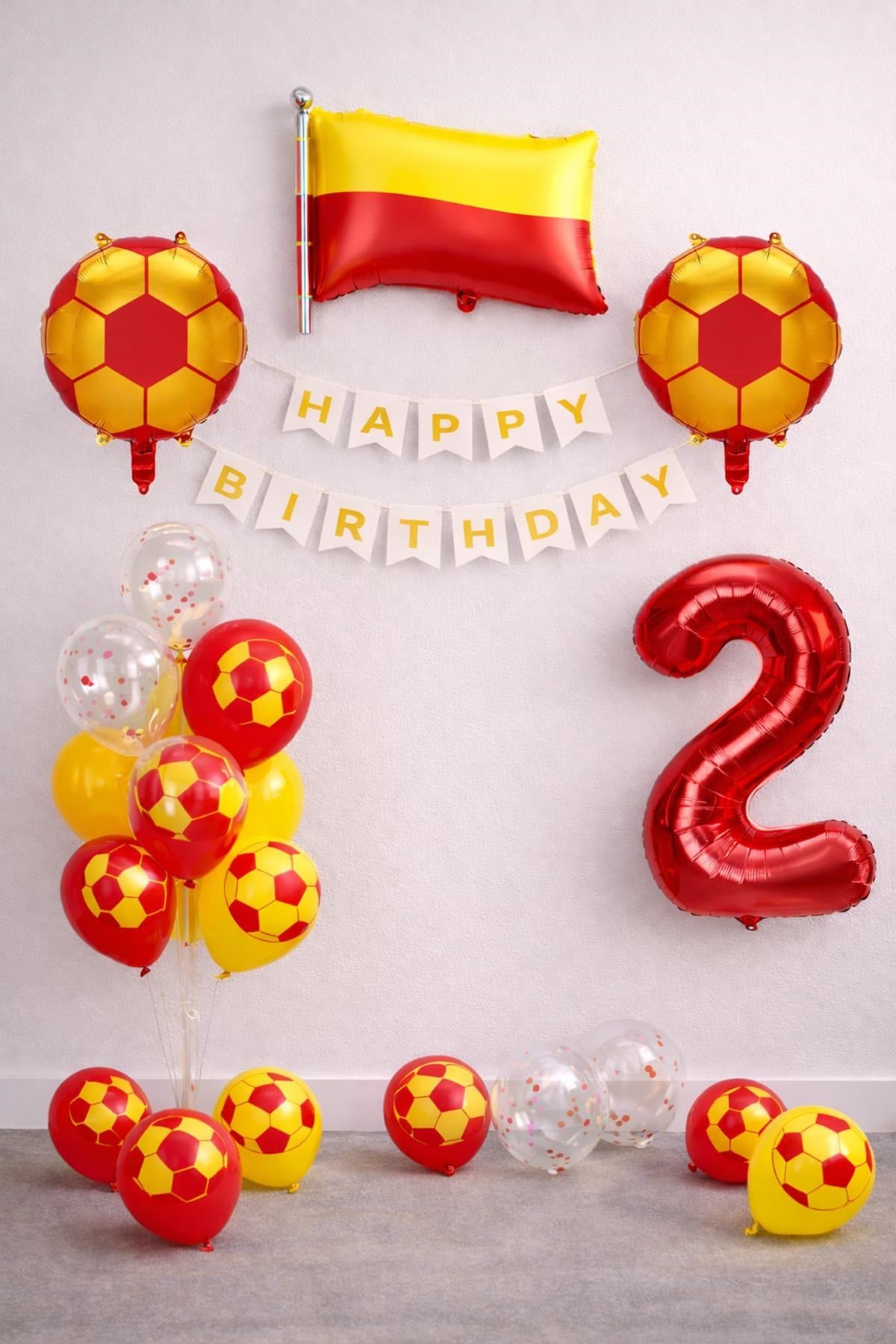 Sarı Kırmızı Futbol Temalı 2 Yaş Doğum Günü Balon Seti