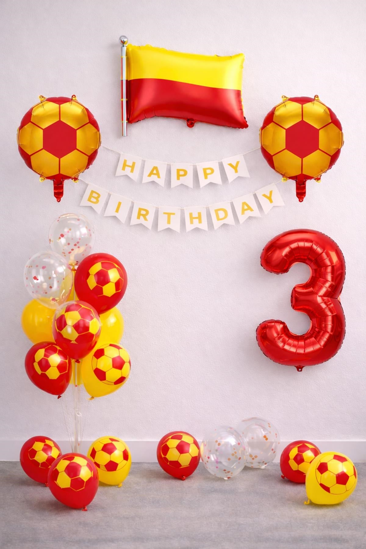 Sarı Kırmızı Futbol Temalı 3 Yaş Doğum Günü Balon Seti