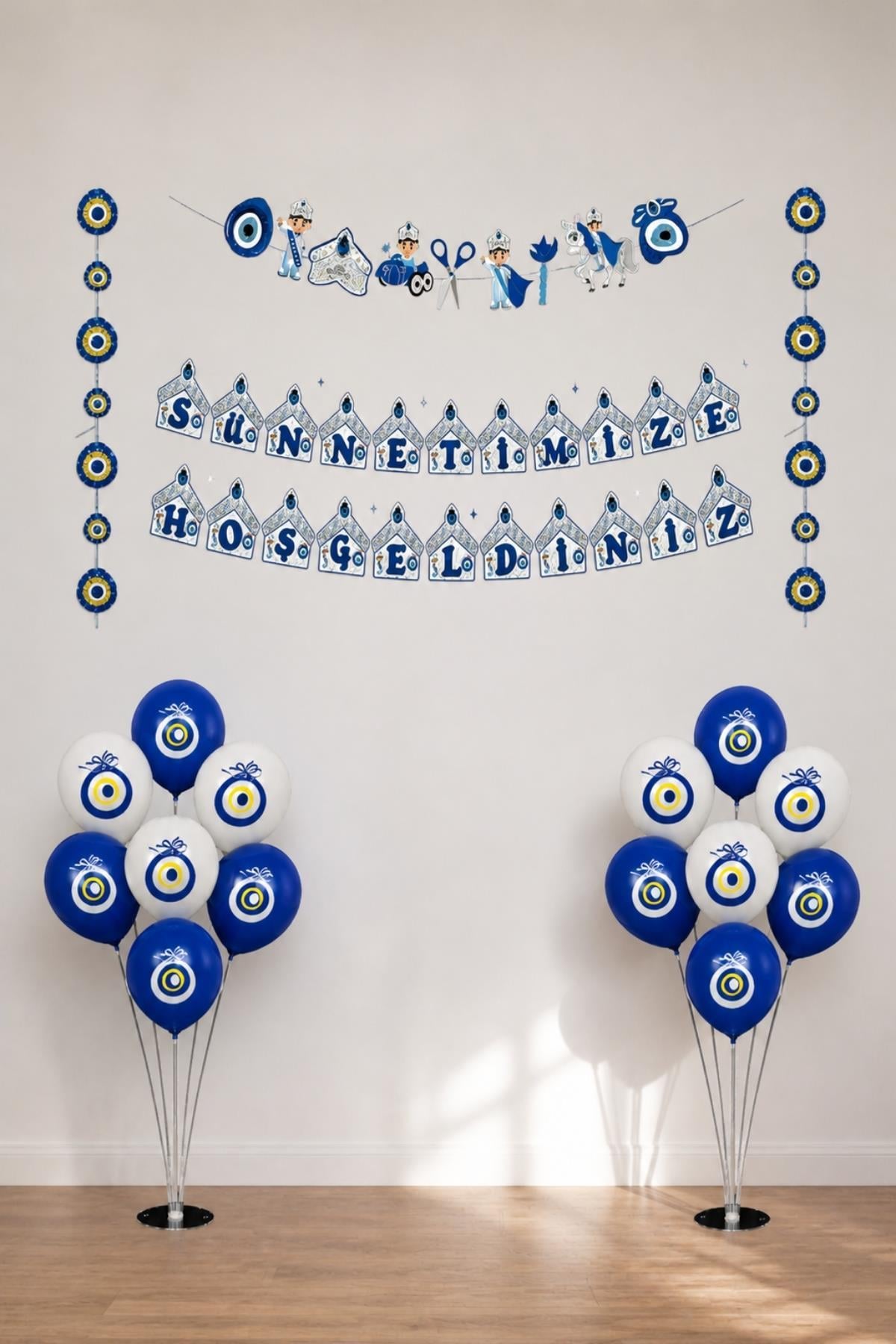 Sünnet Kutlama Seti 3Lü Banner, 20 Adet Nazar Boncuğu Baskılı Balon ve 2 Adet Balon Standı